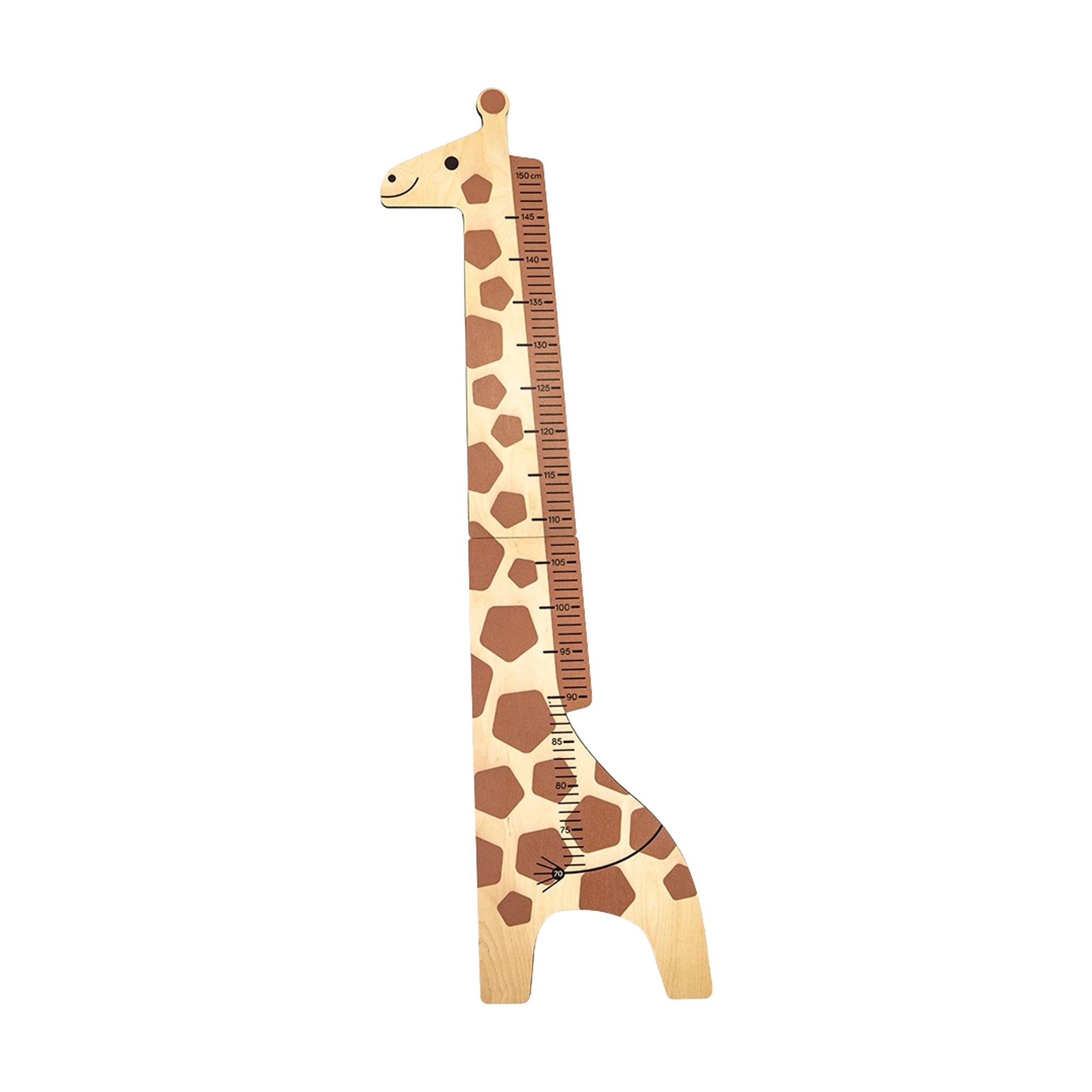 Messlatte: Giraffe aus robustem Birkenholz, ideal für Kinder, zeigt eine Skala von 70 bis 150 cm. Das Design erinnert an eine Giraffe, hergestellt in einer polnischen Spielzeugmanufaktur.