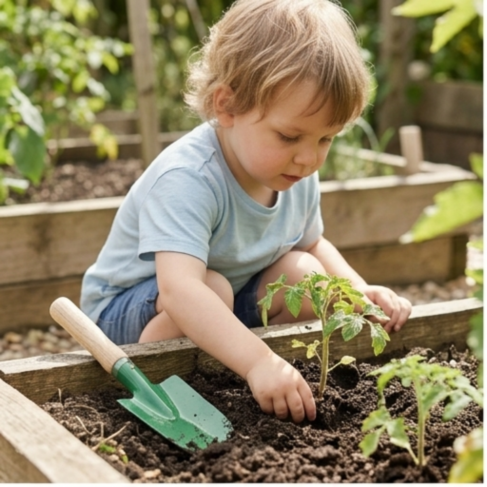 Ein Kleinkind kniet am Rand eines Holz-Hochbeets und pflanzt einen Setzling, neben ihm liegt ein Sandschäufelchen mit grünem Metallblatt und Holzgriff, ideal für kleine Kinderhände.