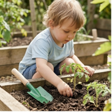 Ein Kleinkind kniet am Rand eines Holz-Hochbeets und pflanzt einen Setzling, neben ihm liegt ein Sandschäufelchen mit grünem Metallblatt und Holzgriff, ideal für kleine Kinderhände.