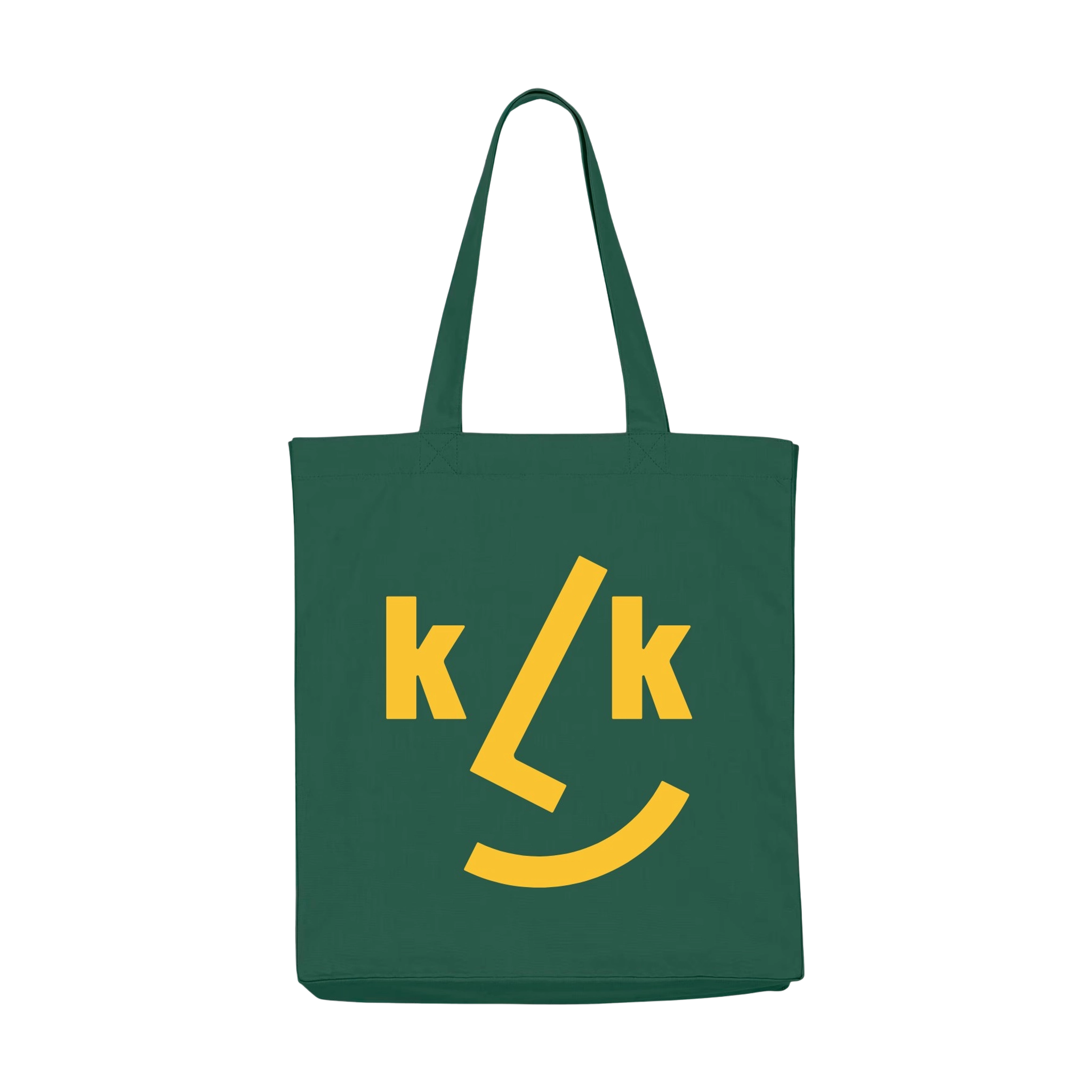 Stofftasche Tannengrün aus 100% recycelter Baumwolle mit fröhlichem KLICKKLACK-Design: typografisches Smiley-Gesicht in Gelb, lange Schulterriemen, praktische Innentasche, Balgfalte für Extra-Volumen.