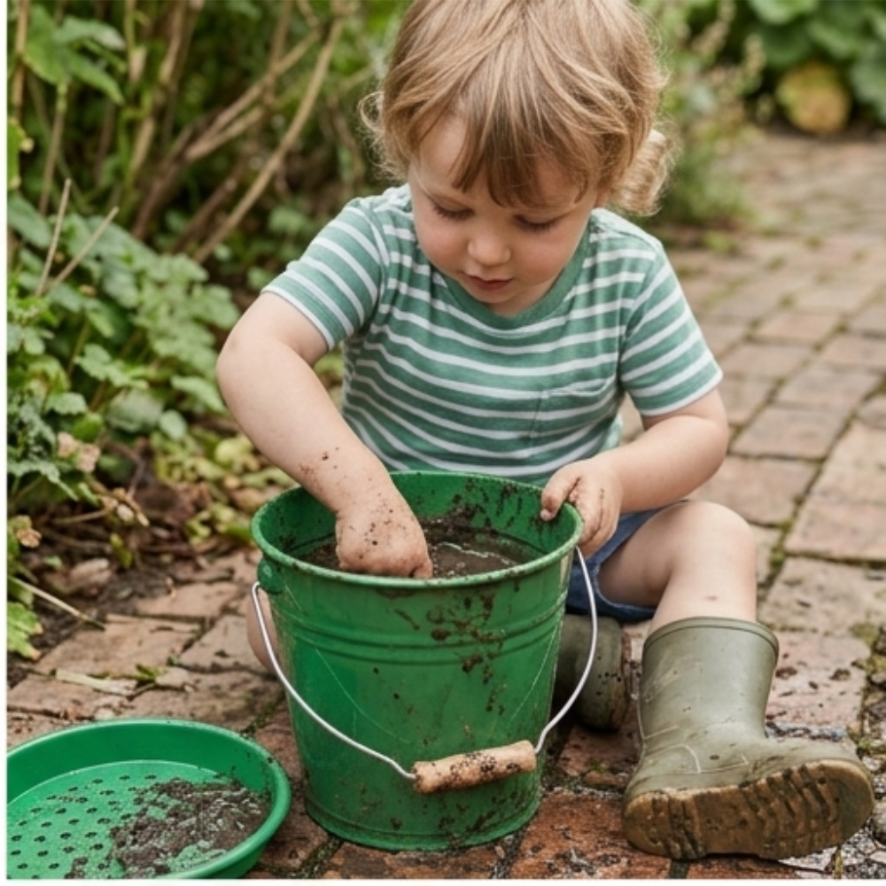 Ein Kind spielt freudig mit einem Sandeimer aus pulverbeschichtetem Metall von Redecker, ideal für kleine Hände, geeignet für Gartenabenteuer. Der Eimer ergänzt das Sandschäufelchen und -sieb perfekt.
