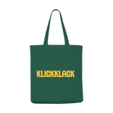 Stofftasche Tannengrün aus recycelter Baumwolle mit gelbem KLICKKLACK-Schriftzug, langen Tragegriffen, Boden- und Seitenfalten für mehr Volumen, sowie einer praktischen Innentasche, exklusiv im modernen KLICKKLACK-Design.