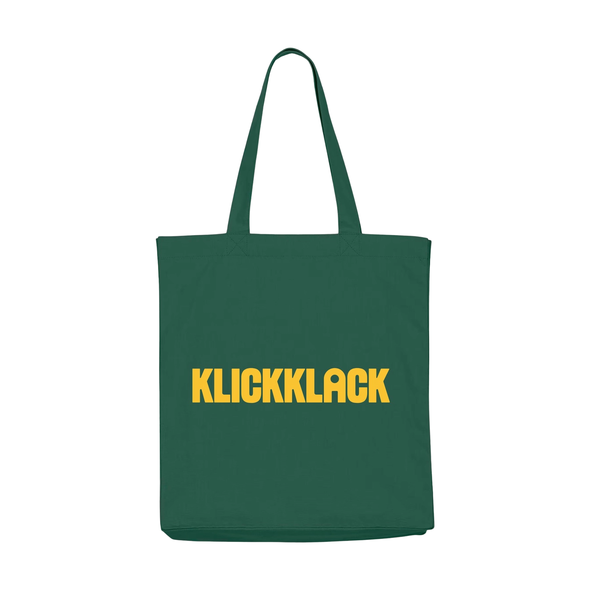 Stofftasche Tannengrün aus recycelter Baumwolle mit gelbem KLICKKLACK-Schriftzug, langen Tragegriffen, Boden- und Seitenfalten für mehr Volumen, sowie einer praktischen Innentasche, exklusiv im modernen KLICKKLACK-Design.