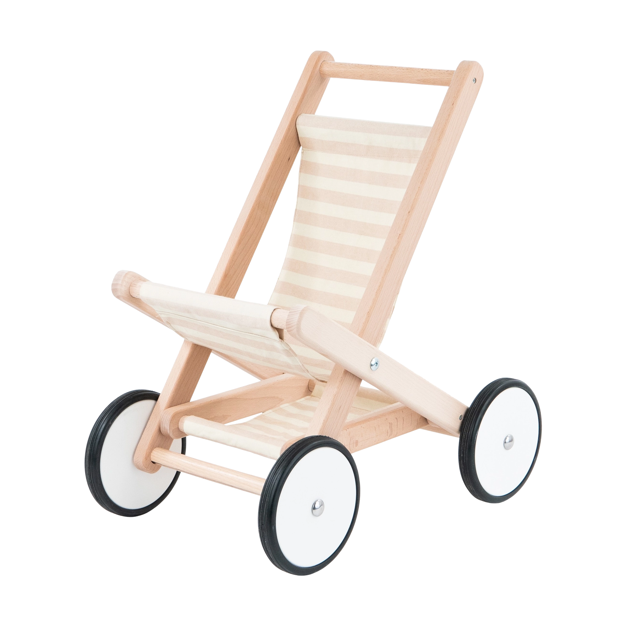 Puppenbuggy natur aus hellem Holz mit gestreifter Canvas-Sitzfläche und weißen Rädern. Inklusive Einkaufsnetz und bodenschonendem Laufgummi, handgefertigt in Polen, ideal für Puppen und Kuscheltiere.