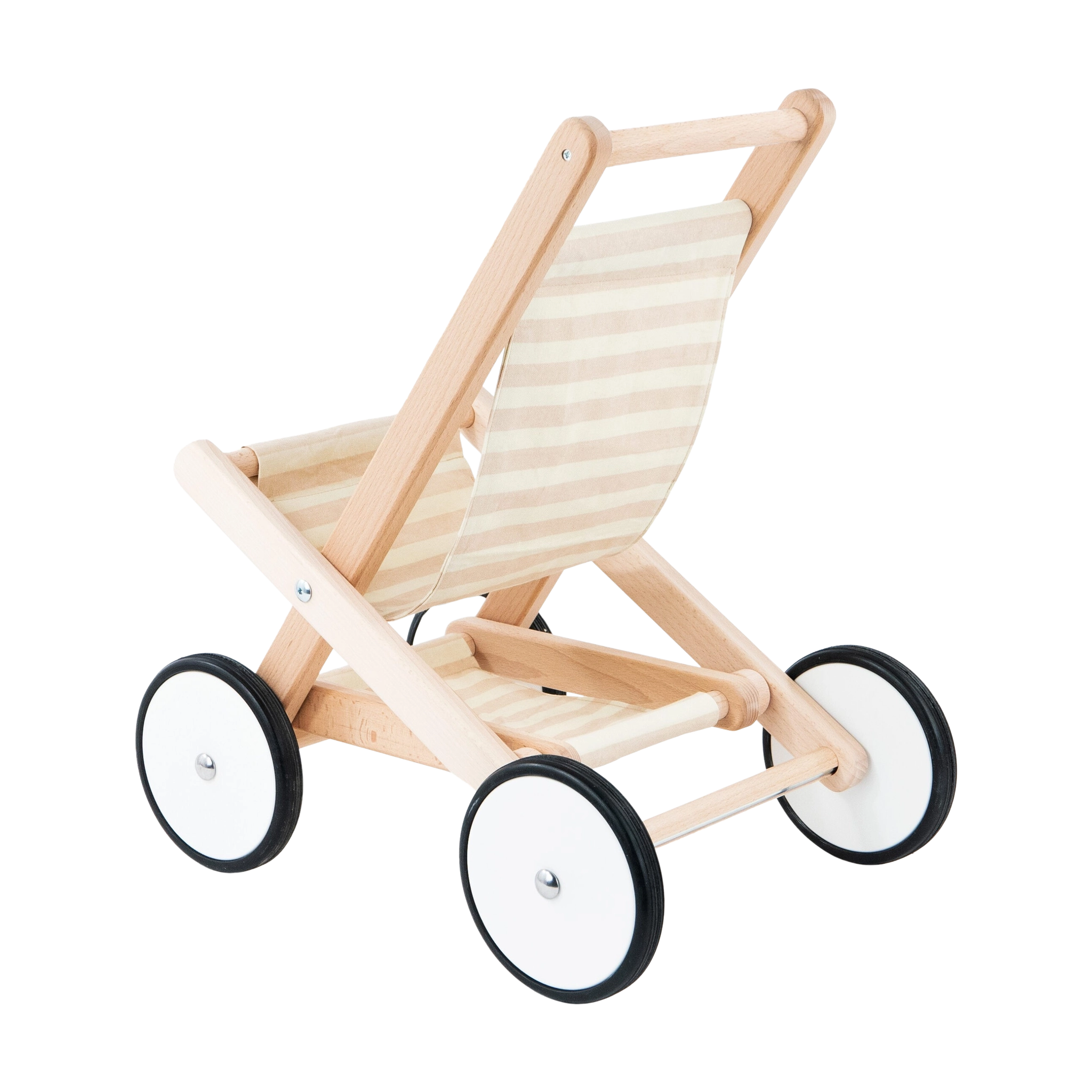 Puppenbuggy natur aus robustem Buchen- und Ahornholz mit Stoffsitz und vier Rädern. Enthält ein Einkaufsnetz und hochwertigen Laufgummi zum Schutz des Bodens, hergestellt in einer polnischen Spielzeugmanufaktur.