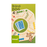 Tischspiel: Brändi Dog 4er (Grundversion) mit Spielbrett, Karten und Chips, illustriert mit einem Cartoon-Hund. Ein Familienspiel aus der Schweiz, geeignet für 2 bis 4 Personen.