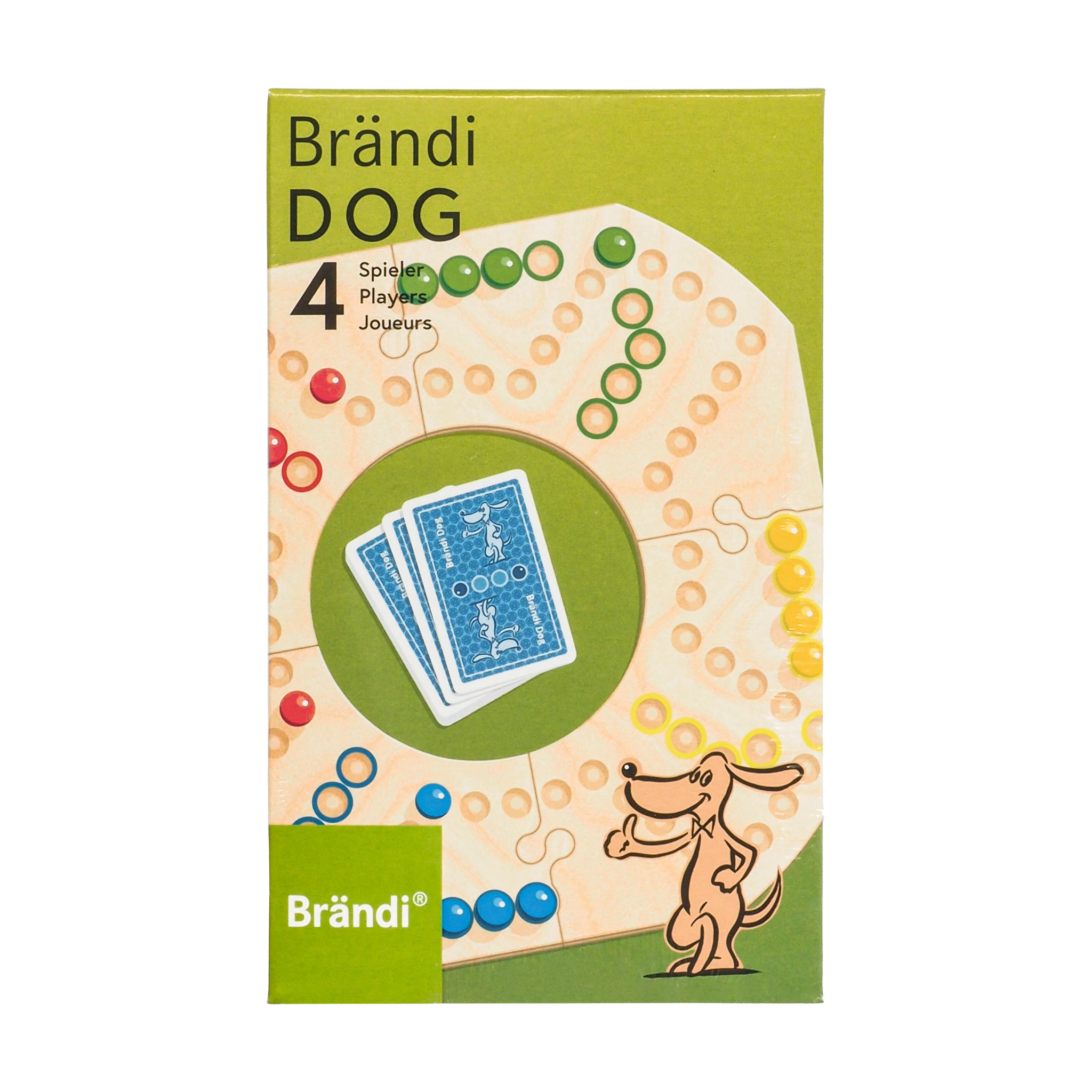 Tischspiel: Brändi Dog 4er (Grundversion) mit Spielbrett, Karten und Chips, illustriert mit einem Cartoon-Hund. Ein Familienspiel aus der Schweiz, geeignet für 2 bis 4 Personen.