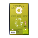 Tischspiel: Brändi Dog 4er (Grundversion) in Verpackung, zeigt ein Brettspiel mit bunten Kugeln und einem grünen Kreis-Muster. Familienspiel für 2 bis 4 Personen, hergestellt in der Schweiz.