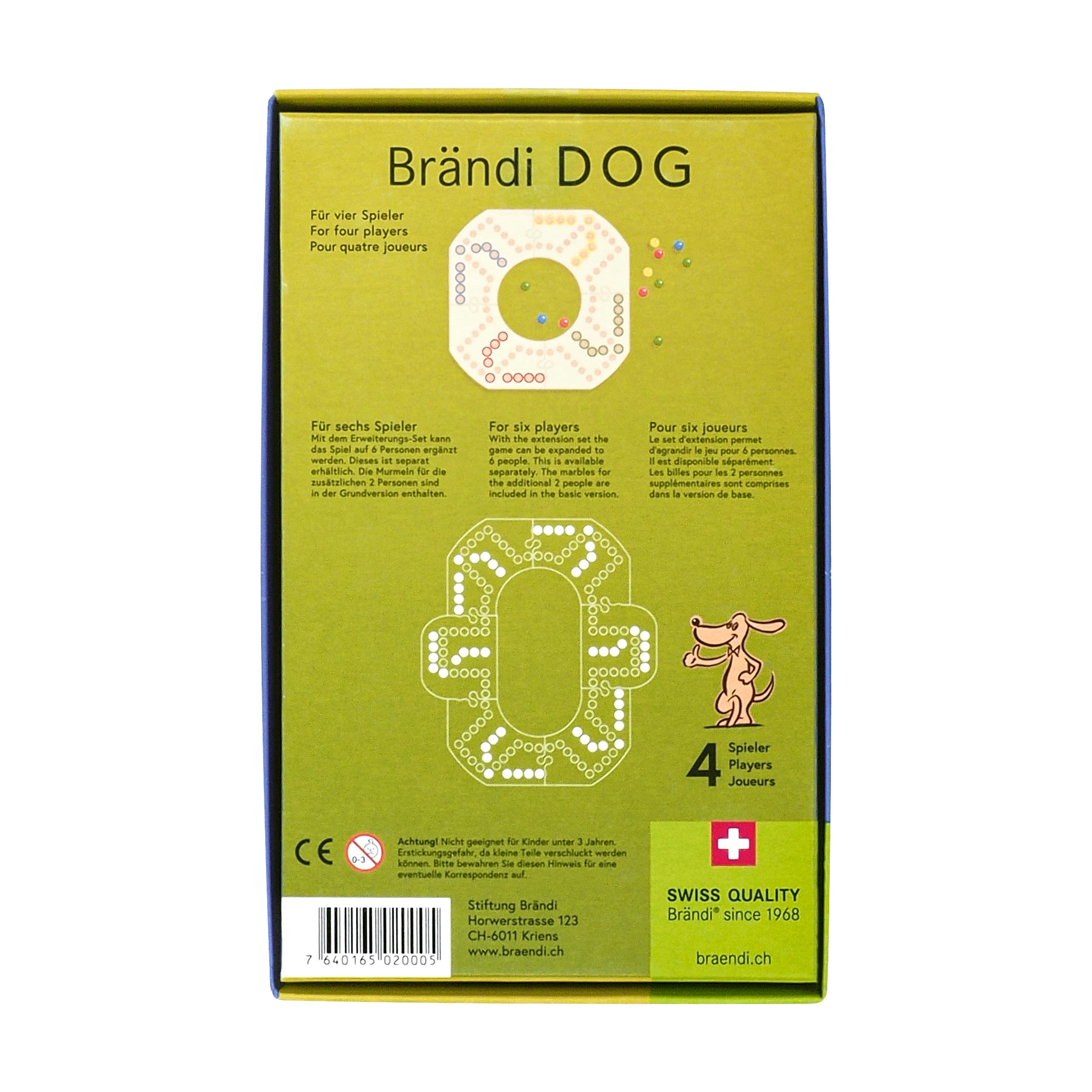 Tischspiel: Brändi Dog 4er (Grundversion) in Verpackung, zeigt ein Brettspiel mit bunten Kugeln und einem grünen Kreis-Muster. Familienspiel für 2 bis 4 Personen, hergestellt in der Schweiz.