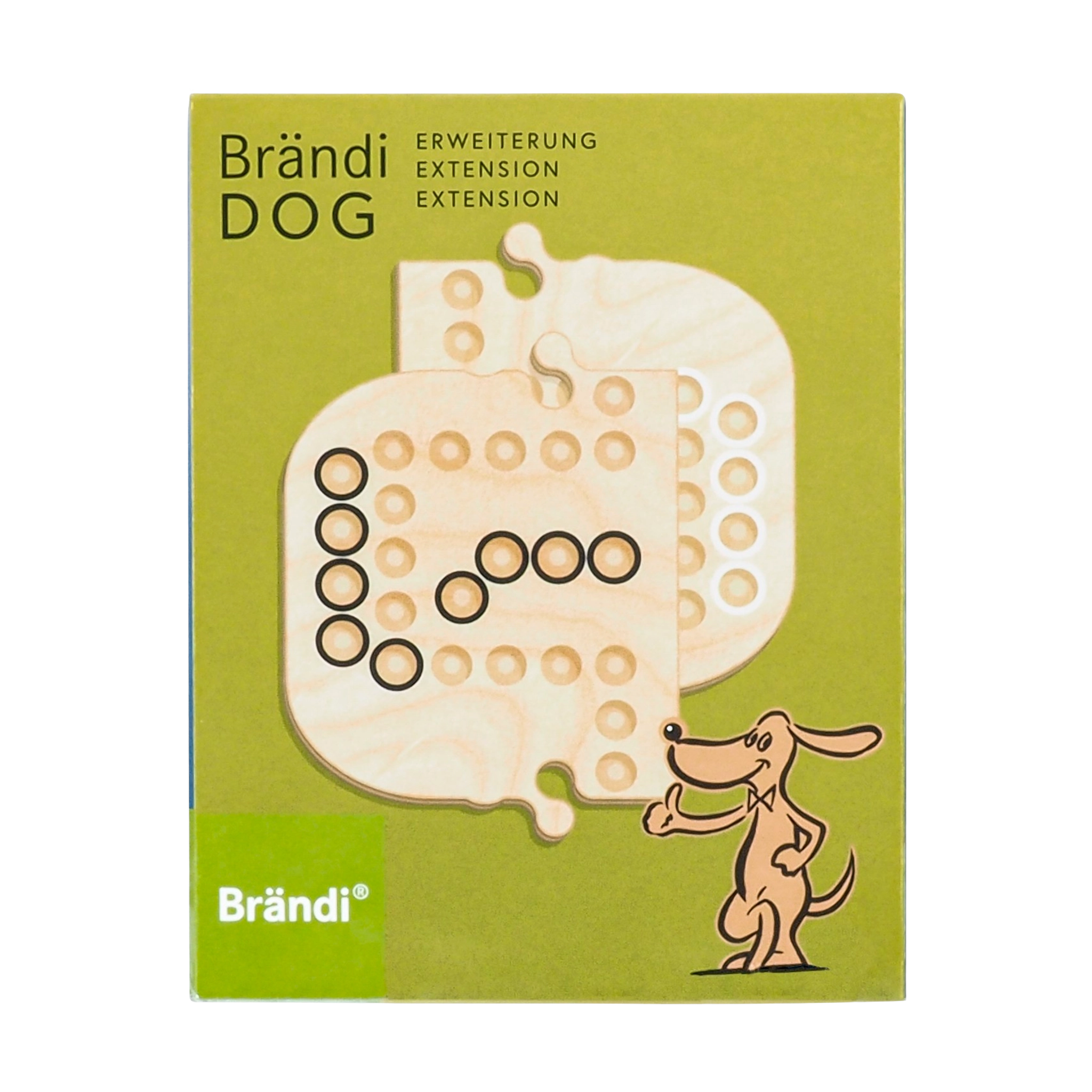 Tischspiel: Brändi Dog Erweiterung in einer grünen Schachtel mit Cartoon-Hund. Erweiterung für bis zu 6 Spieler, bekanntes Kultspiel aus der Schweiz. Empfohlen für Familien und Kinder ab 9 Jahren.