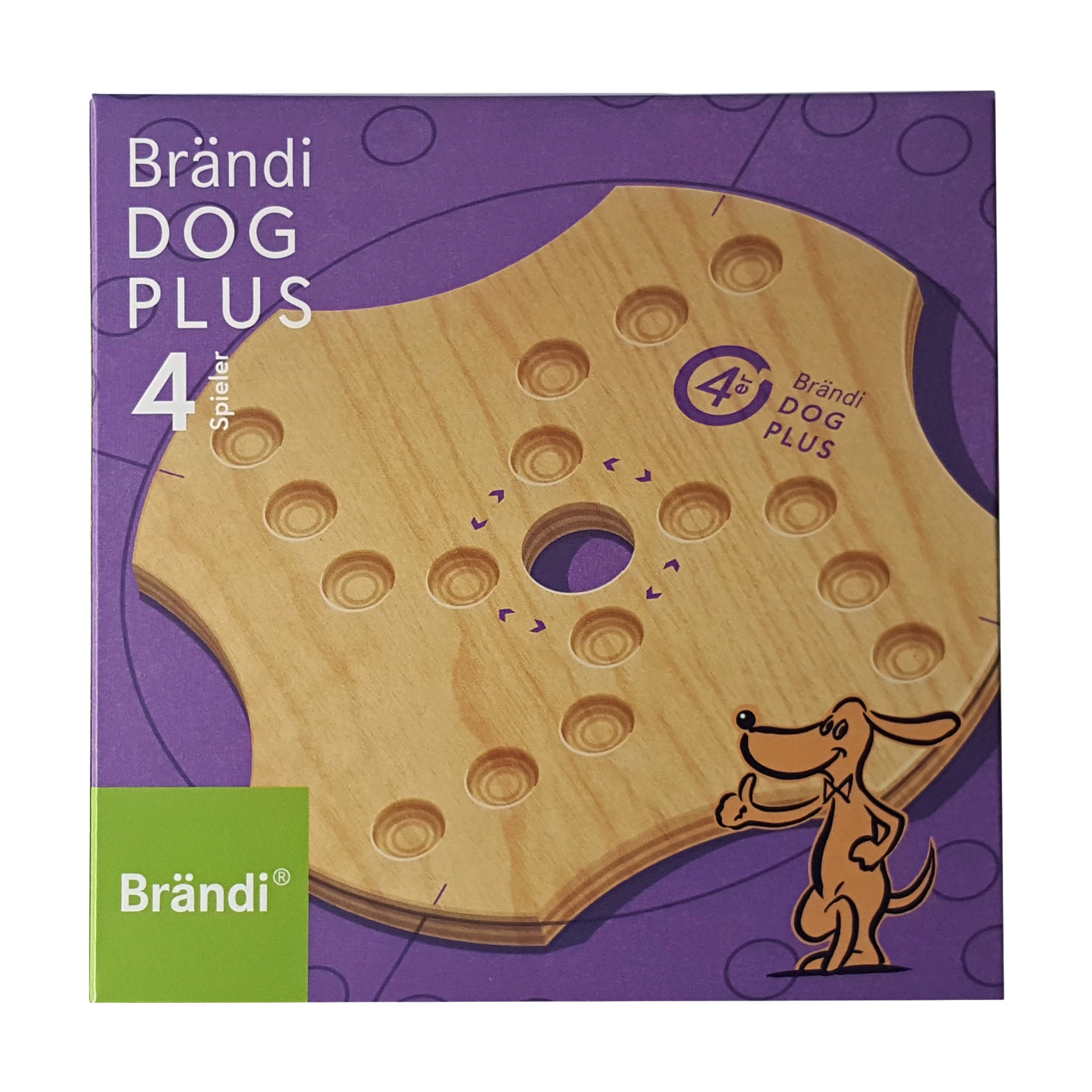 Tischspiel: Brändi Dog Plus 4er zeigt eine Box mit einem Cartoon-Hund. Es ist ein taktisches Erweiterungsset für das Brändi Dog-Spiel, geeignet für bis zu vier Spieler.