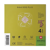 Tischspiel: Brändi Dog Plus 4er Erweiterungsset, illustriert durch eine Hundegrafik und Spielsteine, auf einer gelben Verpackung. Perfekt für vier Spieler, fördert es Familienunterhaltung durch Design und soziale Fairness.