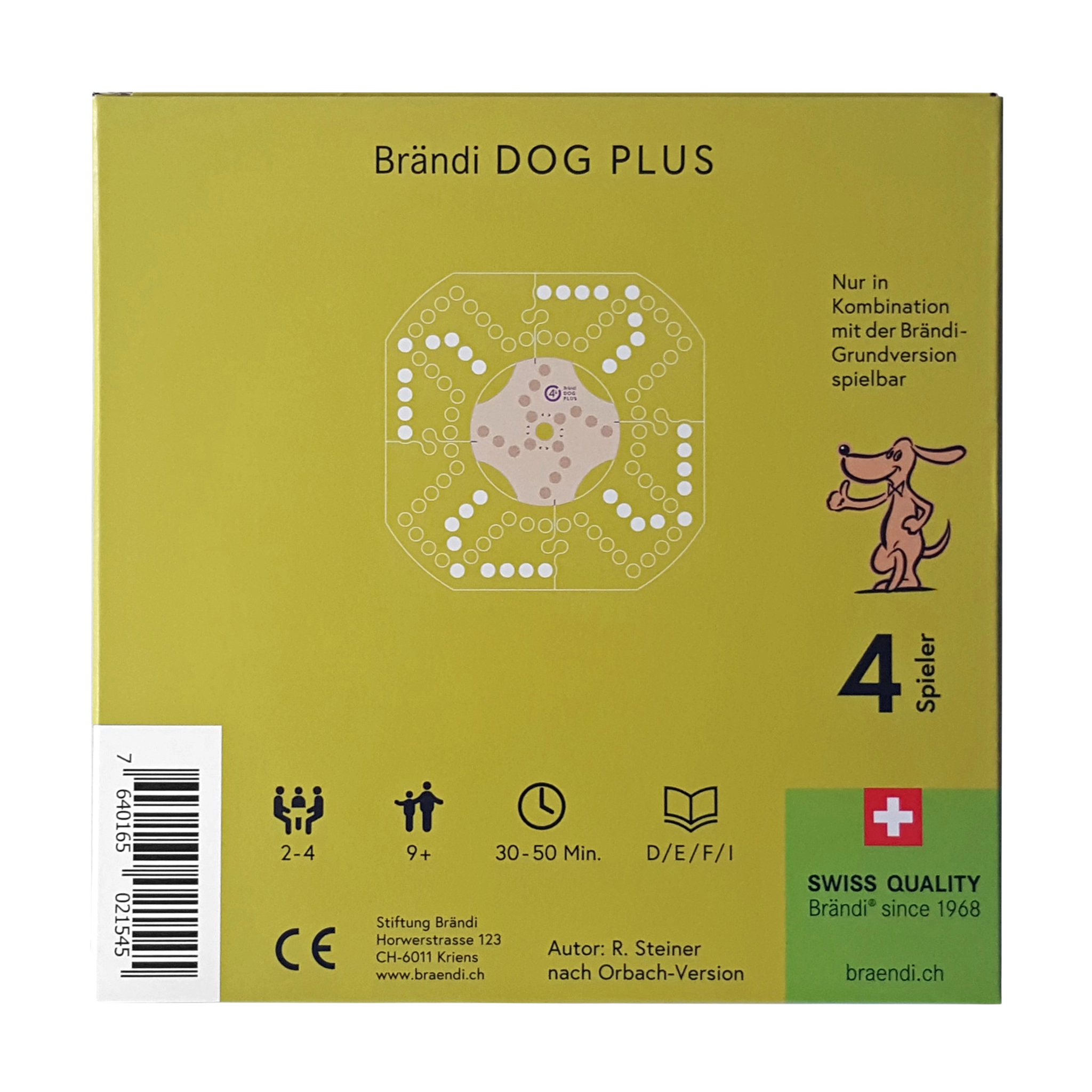 Tischspiel: Brändi Dog Plus 4er Erweiterungsset, illustriert durch eine Hundegrafik und Spielsteine, auf einer gelben Verpackung. Perfekt für vier Spieler, fördert es Familienunterhaltung durch Design und soziale Fairness.