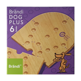 Tischspiel: Brändi Dog Plus 6er, eine Holzpuzzlebox mit Löchern und einem Cartoon-Hund mit Fliege, als taktische Erweiterung für das Schweizer Kultspiel für bis zu sechs Personen.