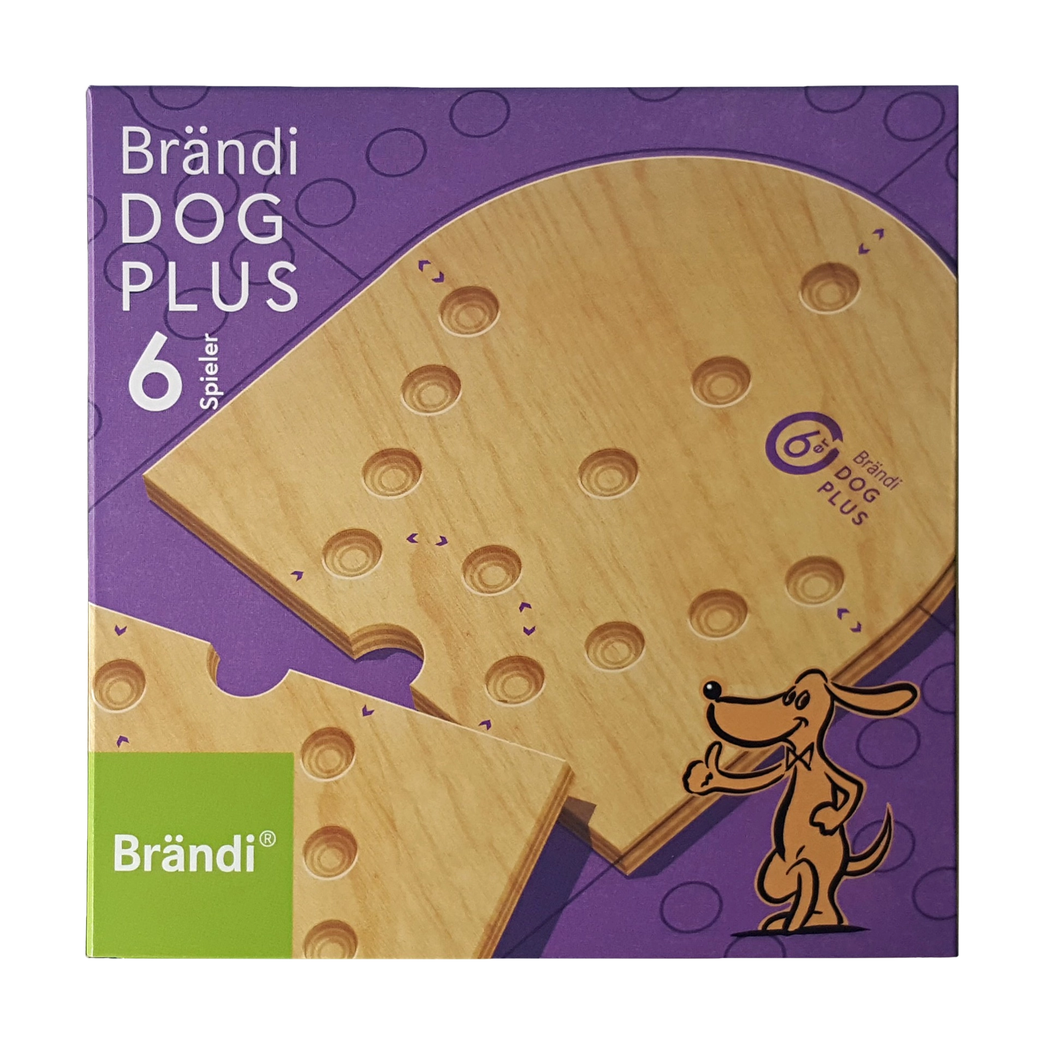 Tischspiel: Brändi Dog Plus 6er, eine Holzpuzzlebox mit Löchern und einem Cartoon-Hund mit Fliege, als taktische Erweiterung für das Schweizer Kultspiel für bis zu sechs Personen.