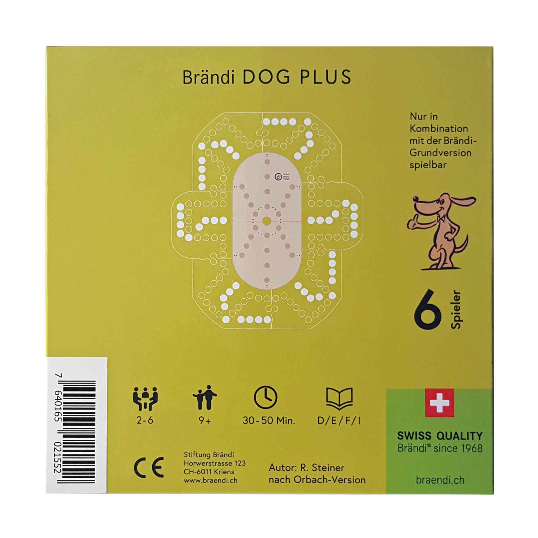 Tischspiel: Brändi Dog Plus 6er, ein taktisches Erweiterungsset für das beliebte Schweizer Kultspiel, zeigt eine Verpackung mit Hundemotiv, ideal für Familienspaß mit bis zu sechs Personen.