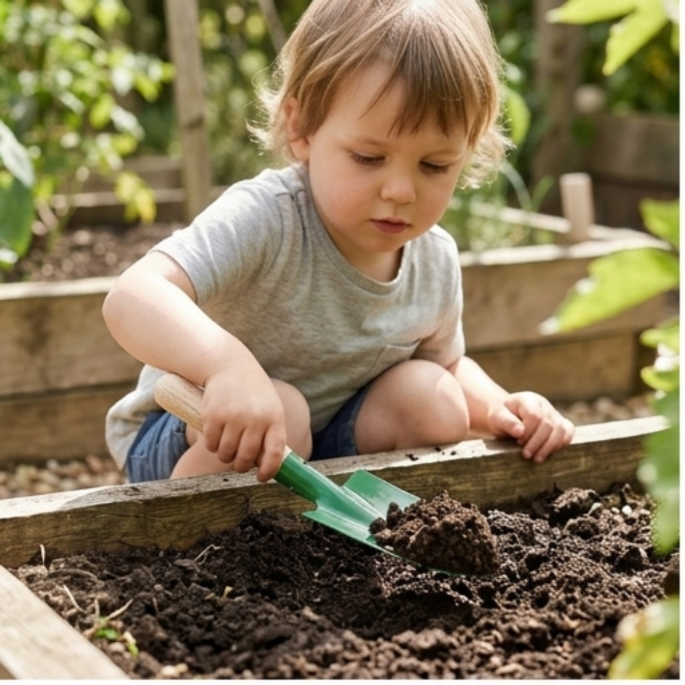 Kleines Kind spielt mit einem Sandschäufelchen aus pulverbeschichtetem Metall in einem Gartenbeet, passend für Kinderhände, ideal für Gartenarbeit. Hergestellt in Deutschland, Teil von Redeckers Sandspielzeug-Kollektion.