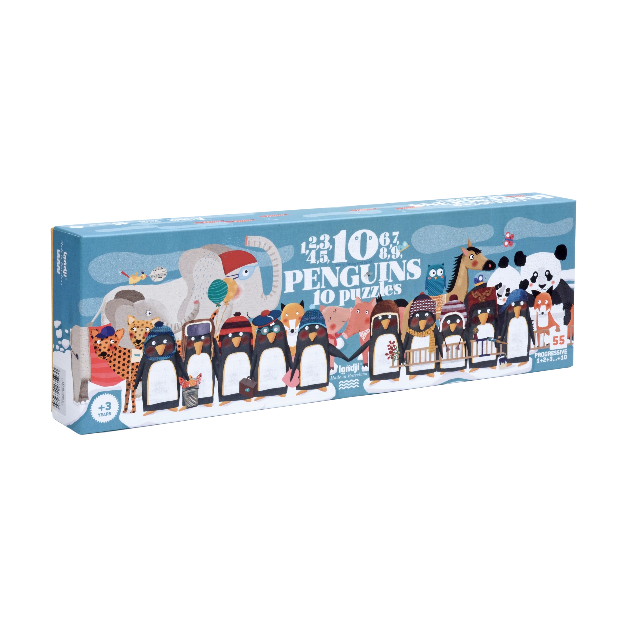 Puzzle: 10 Penguins, eine Box mit 10 fortschreitenden Puzzles, zeigt niedliche Tiermotive wie Pinguine und Pandas. Perfekt für spielerisches Lernen von Zahlen, aus nachhaltigen Materialien gefertigt.