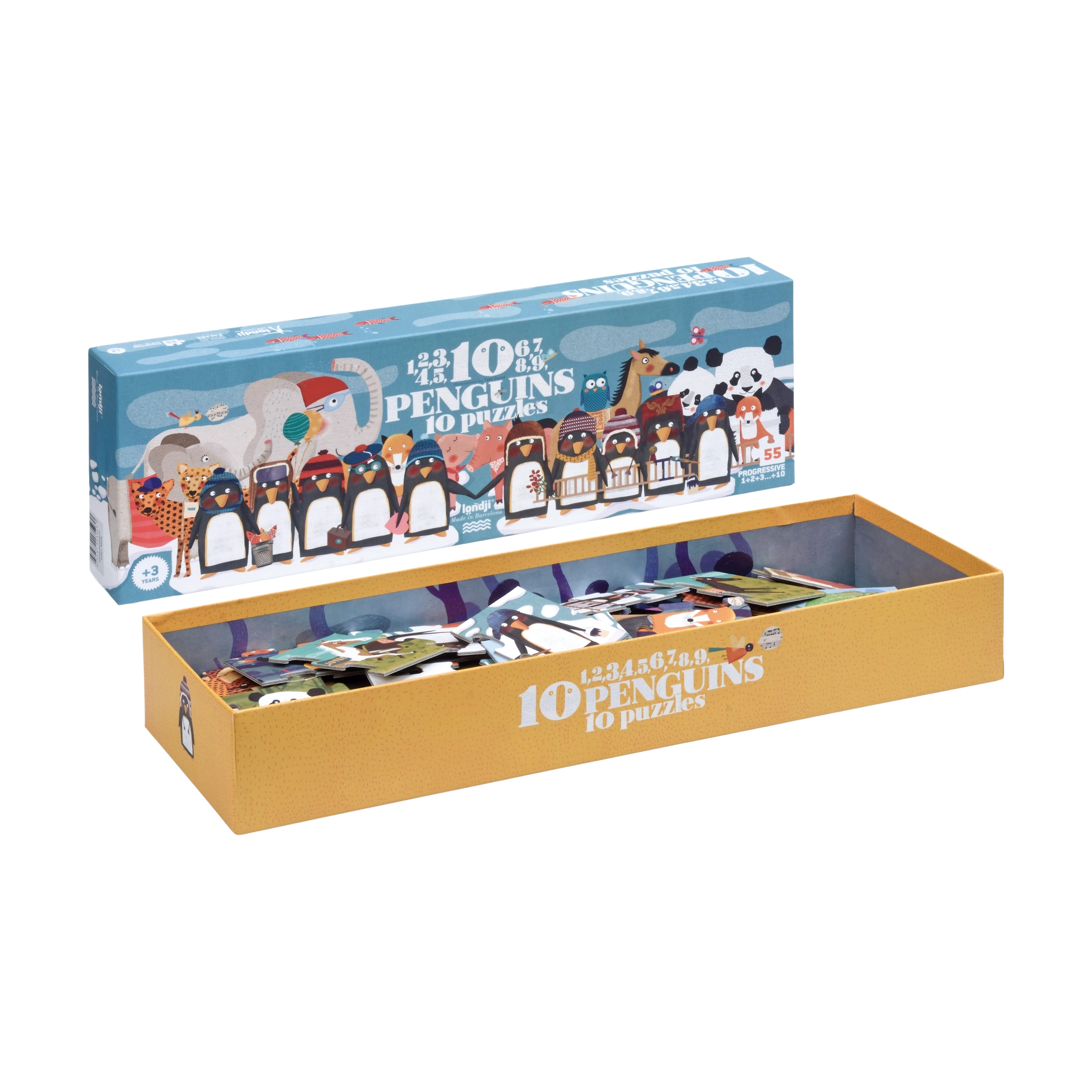 Puzzle: 10 Penguins in einer Box mit Tiermotiven, darunter Pinguine und Eisbären. Enthält 10 progressive Puzzles, ideal zum spielerischen Zahlenlernen für Kinder ab 3 Jahren, hergestellt in Spanien.