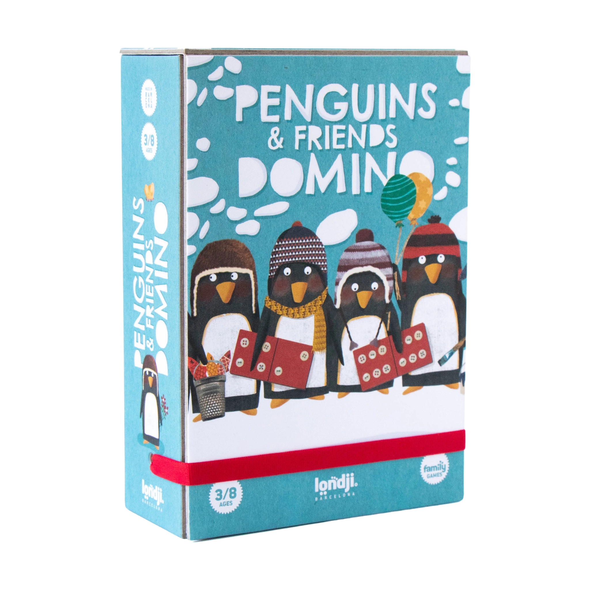 Domino: Pinguine und Freunde mit fröhlichen, illustrierten Pinguinen in Hüten und Schals auf einer FSC-Papierbox, fördert Konzentration und strategisches Denken für Kinder ab 3 Jahren. Nachhaltig in Spanien hergestellt.