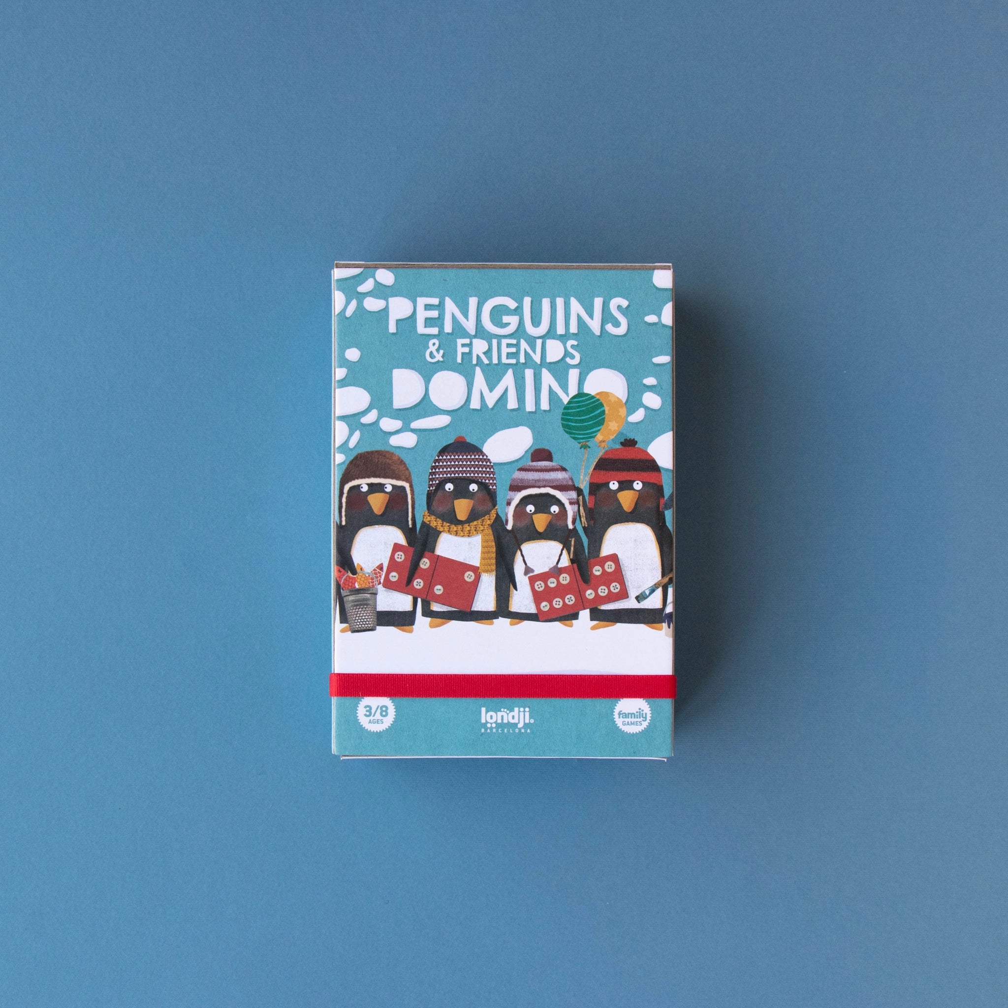 Domino: Penguins and friends, ein klassisches Dominospiel aus FSC-Papier und recyceltem Karton, zeigt bunte Tierillustrationen von Pinguinen. Fördert Konzentration und strategisches Denken, geeignet für Kinder ab 3 Jahren.