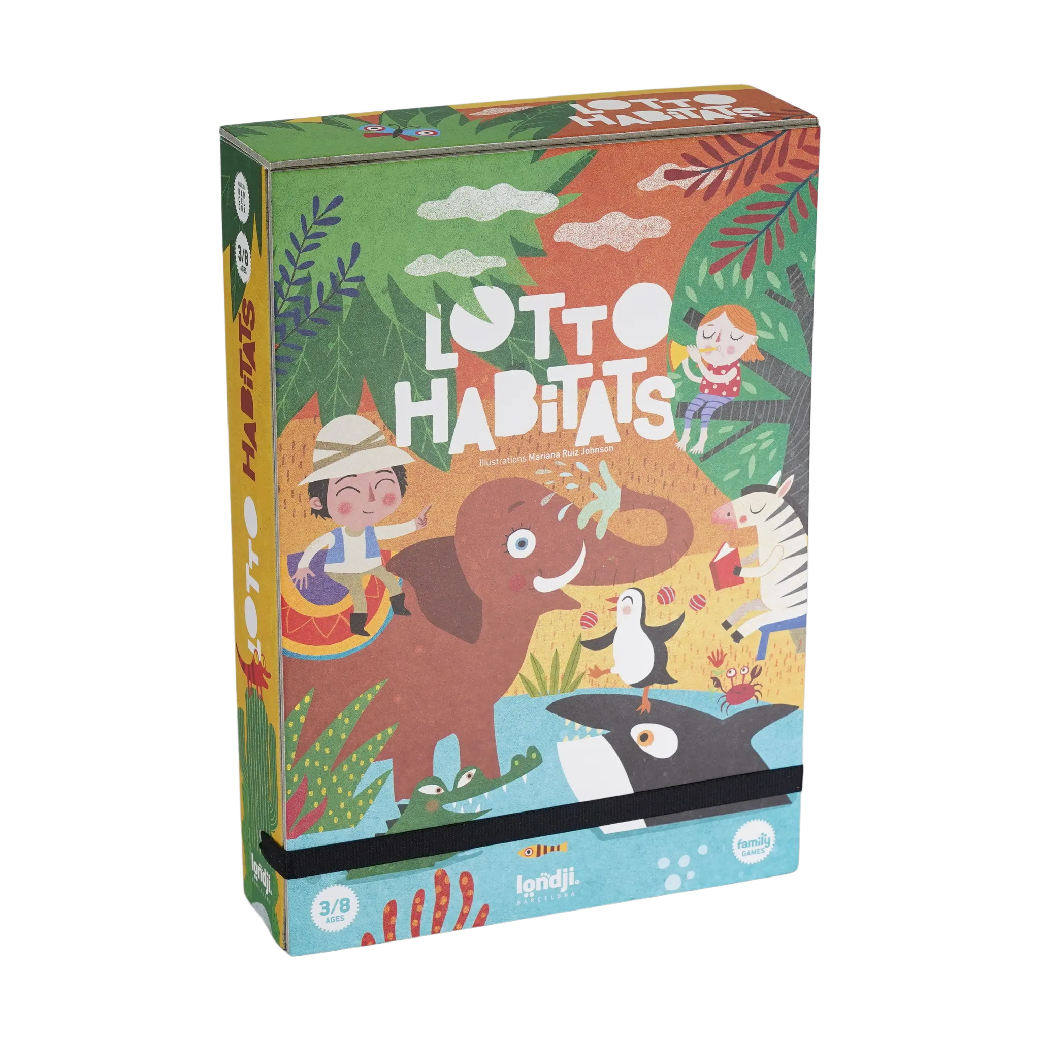 Legespiel: Habitats Lotto in einer Box mit Cartoon-Tieren wie einem Zebra, einem Jungen und einem Mädchen, das Trompete spielt. Lehrreiches Spiel über Tiere und deren Lebensräume, geeignet für Kinder ab 3 Jahren.