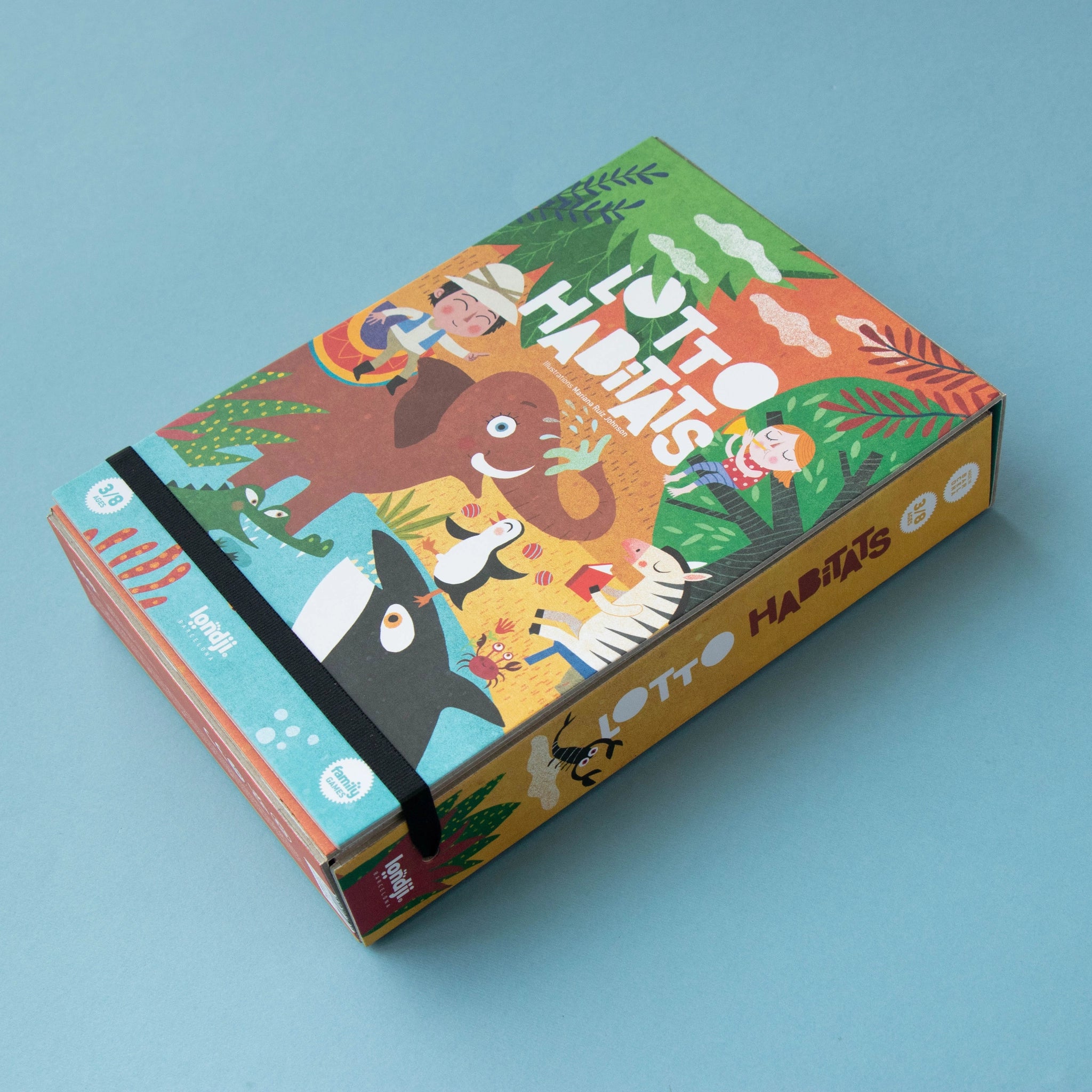 Legespiel: Habitats Lotto, ein Buch mit Cartoon-Tieren, fördert das Verständnis für Natur. Geeignet für Kinder ab 3 Jahren, aus FSC-Papier und recyceltem Karton, hergestellt in Spanien.