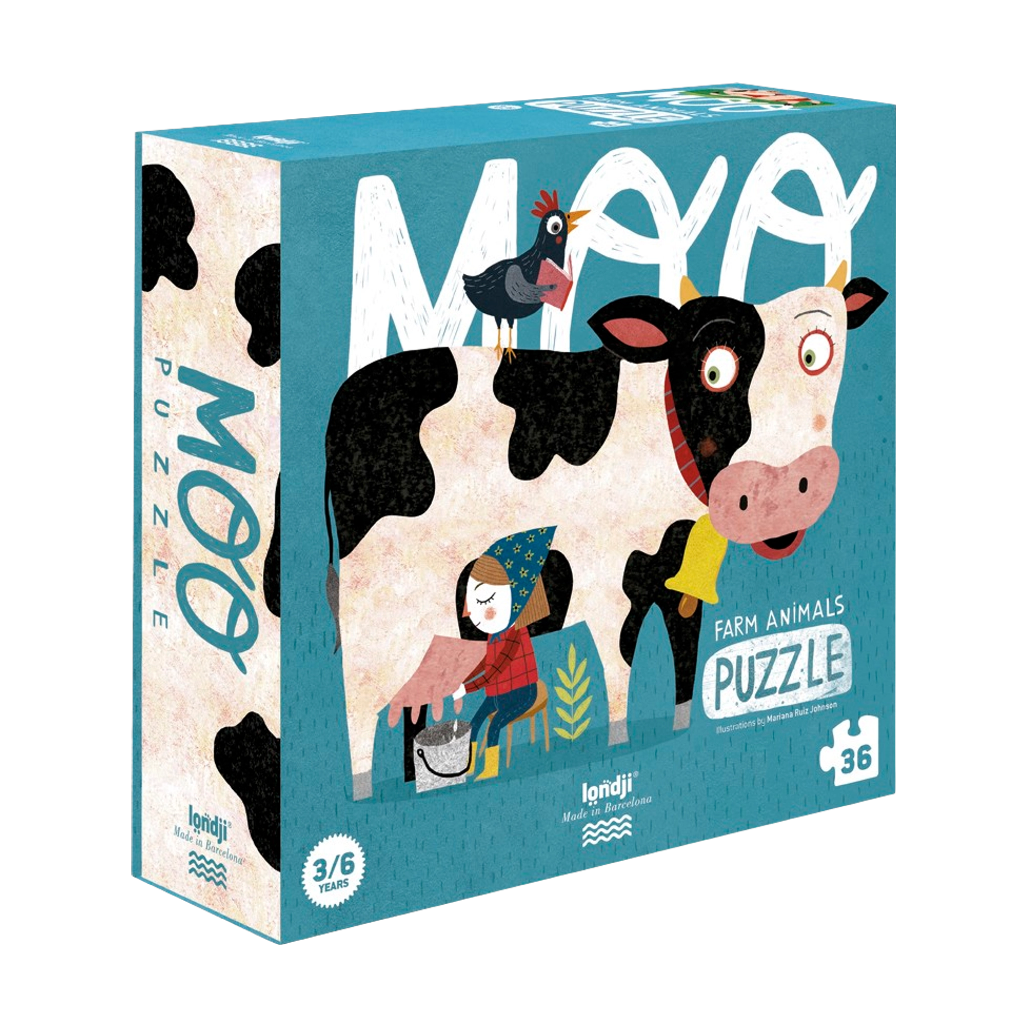 Puzzle: Moo – Eine Box mit einem Bauernhofmotiv-Puzzle zeigt eine Kuh und ein Huhn. Enthält 36 große, leicht greifbare Teile, ideal für Kinder ab 3 Jahren. Nachhaltig hergestellt in Spanien.