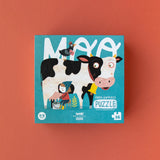 Puzzle: Moo – Ein 36-teiliges Bauernhof-Puzzle mit Kuh und Huhn, ideal für Kinder ab 3 Jahren, aus nachhaltigem FSC-Papier und recyceltem Karton in Spanien handgefertigt.