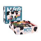 Puzzle: Moo – Eine Box mit 36-teiligem Bauernhof-Puzzle, das eine Kuh, ein Huhn und eine cartoonartige Frau zeigt. Große Teile aus FSC-Papier, ideal für Kinder ab 3 Jahren.