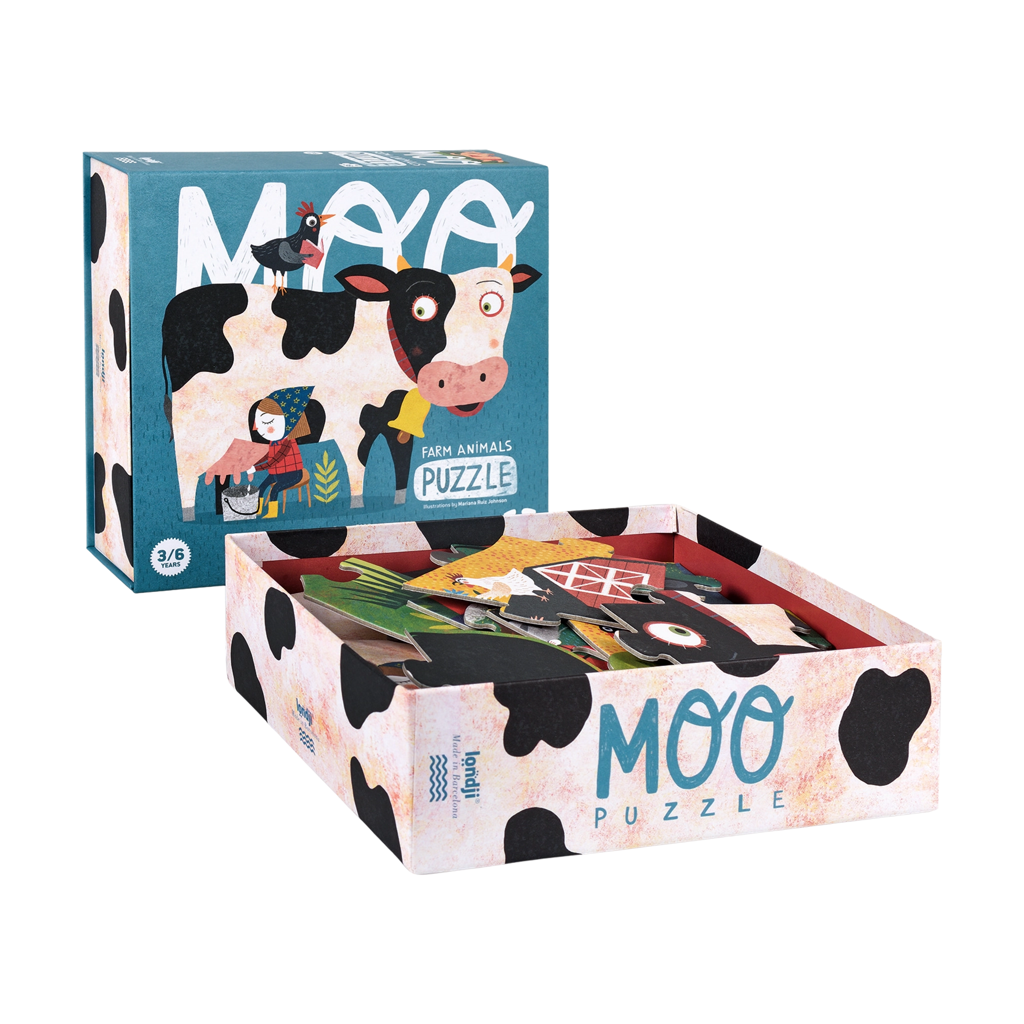 Puzzle: Moo – Eine Box mit 36-teiligem Bauernhof-Puzzle, das eine Kuh, ein Huhn und eine cartoonartige Frau zeigt. Große Teile aus FSC-Papier, ideal für Kinder ab 3 Jahren.