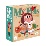 Puzzle: I love my pets - Eine Box mit 7 dreiteiligen Puzzle, die Cartoon-Haustiere und ihre Lebensräume zeigen. Ideal für Kinder ab 3 Jahren, aus nachhaltigen Materialien.