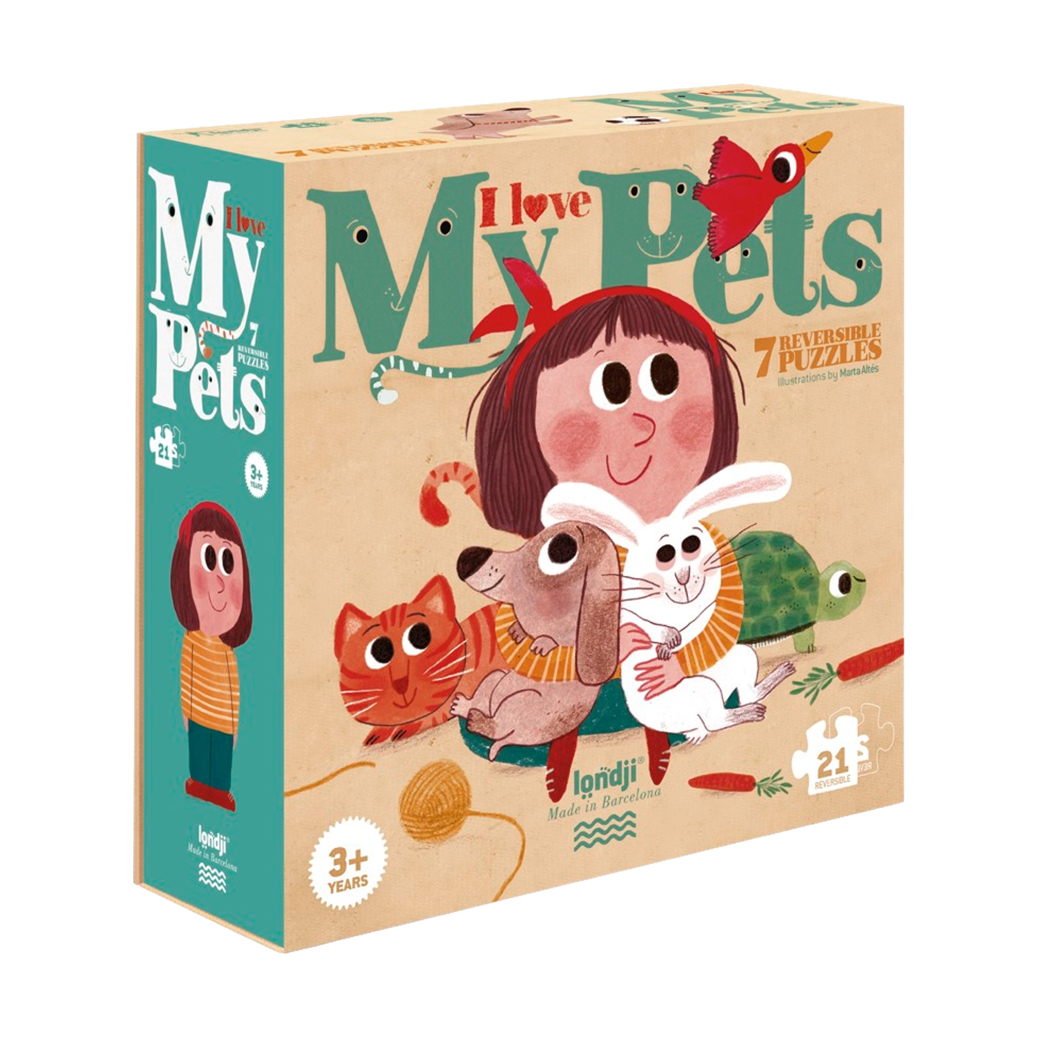 Puzzle: I love my pets - Eine Box mit 7 dreiteiligen Puzzle, die Cartoon-Haustiere und ihre Lebensräume zeigen. Ideal für Kinder ab 3 Jahren, aus nachhaltigen Materialien.