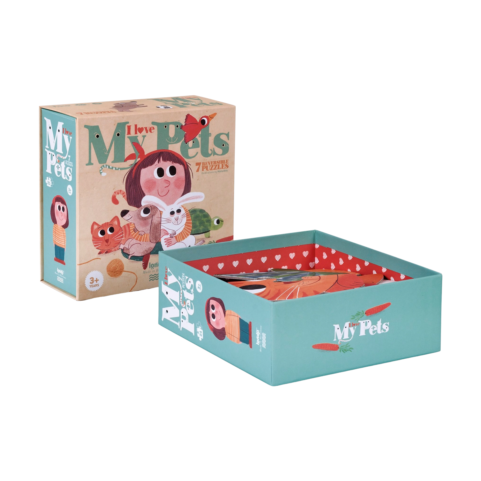 Puzzle: I love my pets - Eine Box mit einem Cartoon-Motiv von Mädchen und Katze. Enthält 7 dreiteilige, wendbare Haustier-Puzzles aus recyceltem Karton, ideal für Kinder ab 3 Jahren.