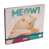 Produktfoto des Balancespiel: Meow, zeigt eine Spielbox mit einer Katze, die mit Garn spielt. Hergestellt aus Birkenfurnier und Buchenholz, fördert Feinmotorik und Geschicklichkeit, geeignet für Kinder ab 5 Jahren.