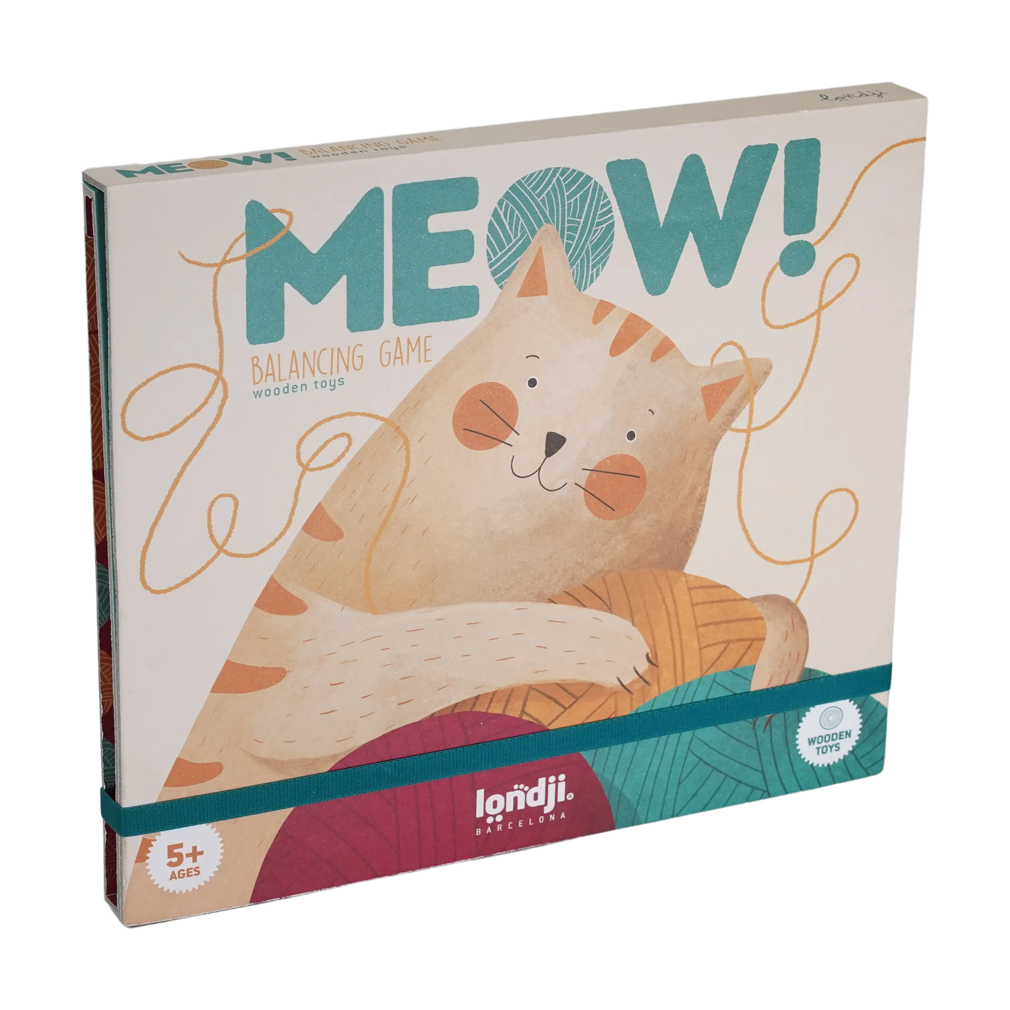 Produktfoto des Balancespiel: Meow, zeigt eine Spielbox mit einer Katze, die mit Garn spielt. Hergestellt aus Birkenfurnier und Buchenholz, fördert Feinmotorik und Geschicklichkeit, geeignet für Kinder ab 5 Jahren.