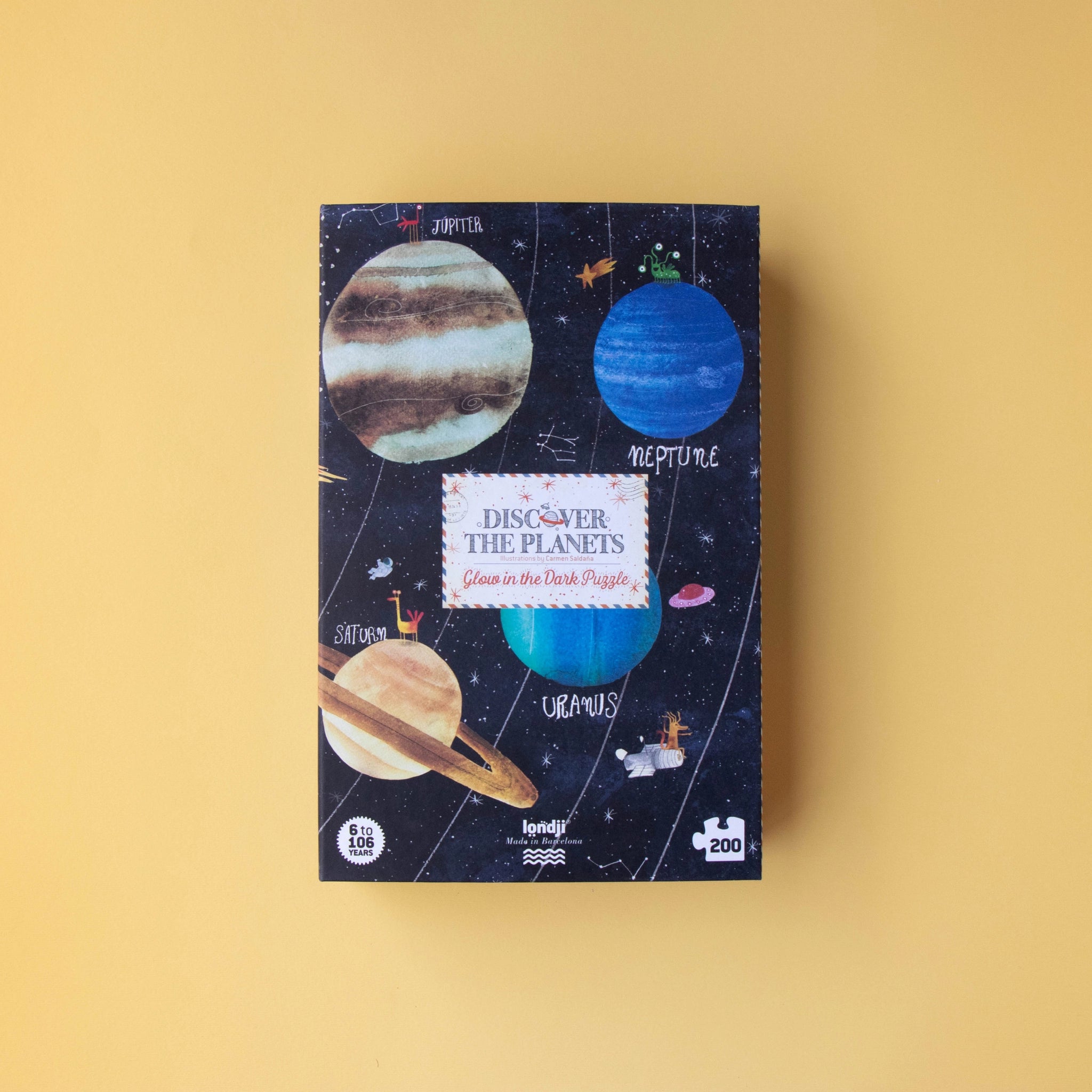 Puzzle: Entdecke die Planeten – 200-teiliges Puzzle mit leuchtendem Effekt im Dunkeln, zeigt Planeten und Sterne, hergestellt aus FSC-Papier und recyceltem Karton, ideal für Kinder ab 6 Jahren.