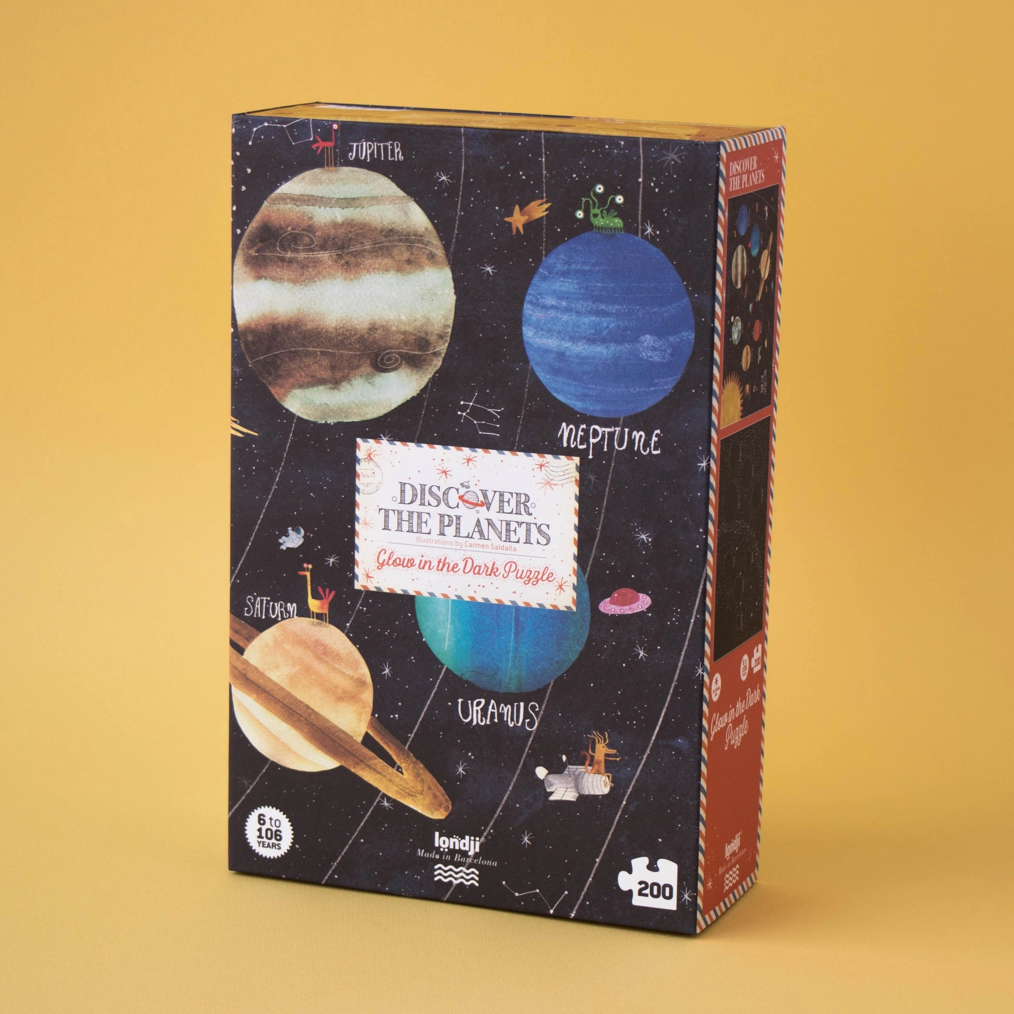 Puzzle: Discover the planets - Eine Schachtel mit 200-teiligem Puzzle zeigt Planeten und Sterne. Aus FSC-Papier, leuchtet im Dunkeln, für Kinder ab 6 Jahren. Hergestellt in Spanien.