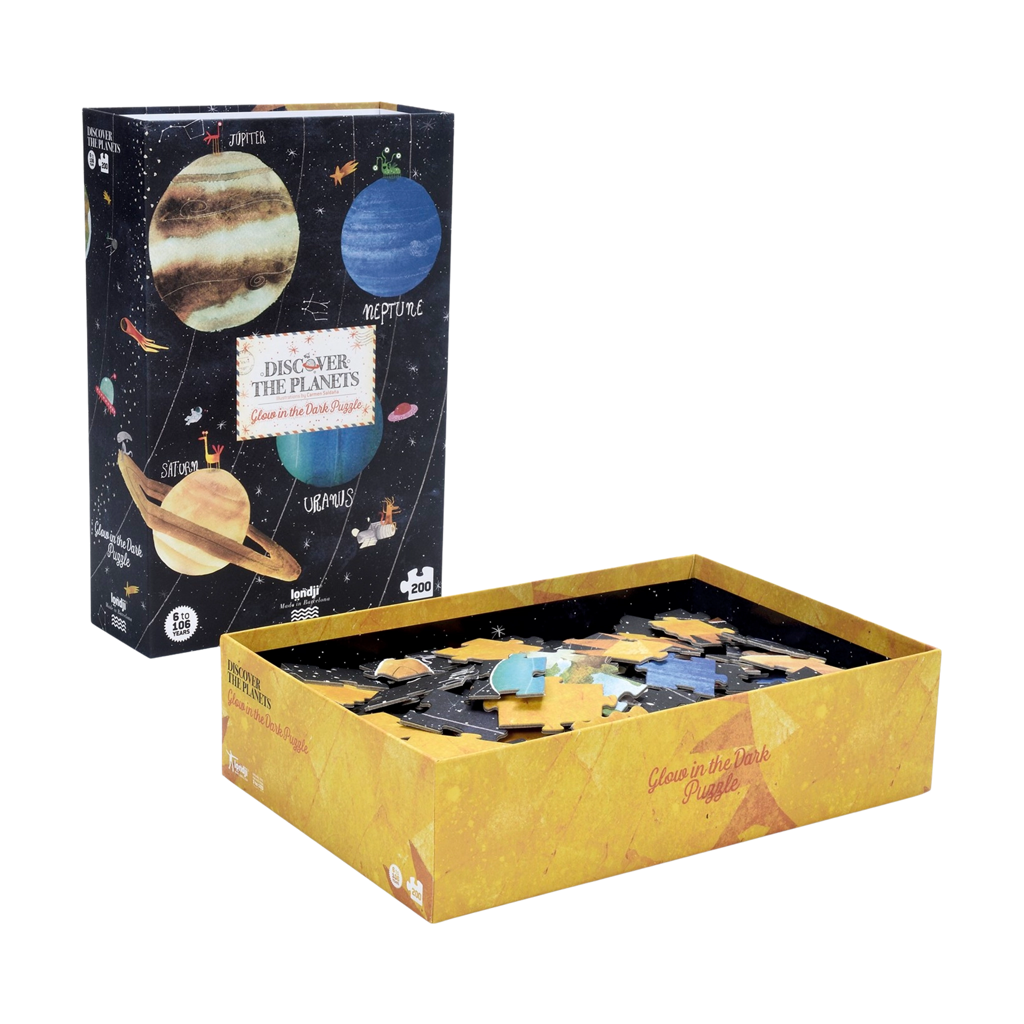 Puzzle: Entdecke die Planeten - 200-teiliges Set in einer dekorativen Box mit Planetenmotiv. Leuchtet im Dunkeln, ideal für Kinder ab 6 Jahren. Nachhaltig aus FSC-Papier und recyceltem Karton.