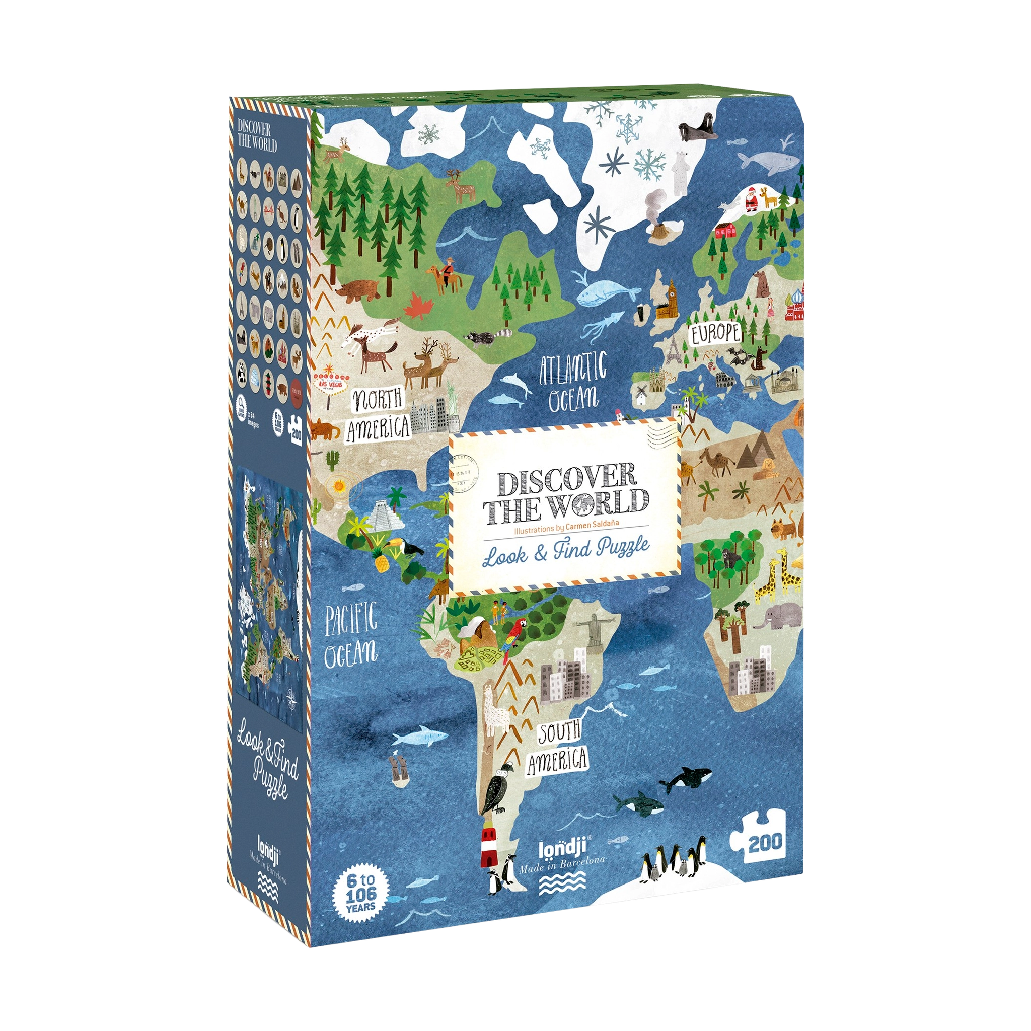 Puzzle: Discover the world, eine Puzzle-Schachtel mit Weltkarte. 200 Teile aus FSC-Papier, ideal für Kinder ab 6 Jahren. Enthält Suchspiel mit Karten für berühmte Wahrzeichen, hergestellt in Spanien.