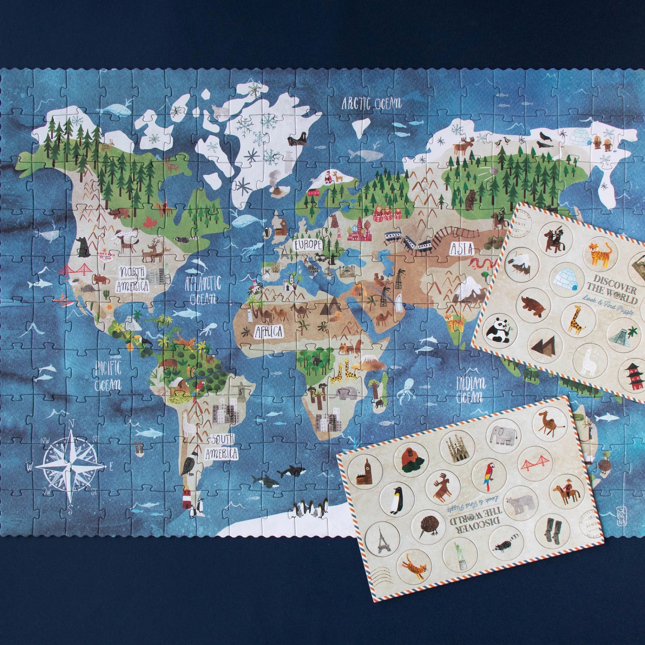 Puzzle: Discover the world – 200-teiliges Weltkarten-Puzzle mit Tieren und berühmten Wahrzeichen, aus FSC-Papier und recyceltem Karton, ideal für kleine Entdecker ab 6 Jahren.