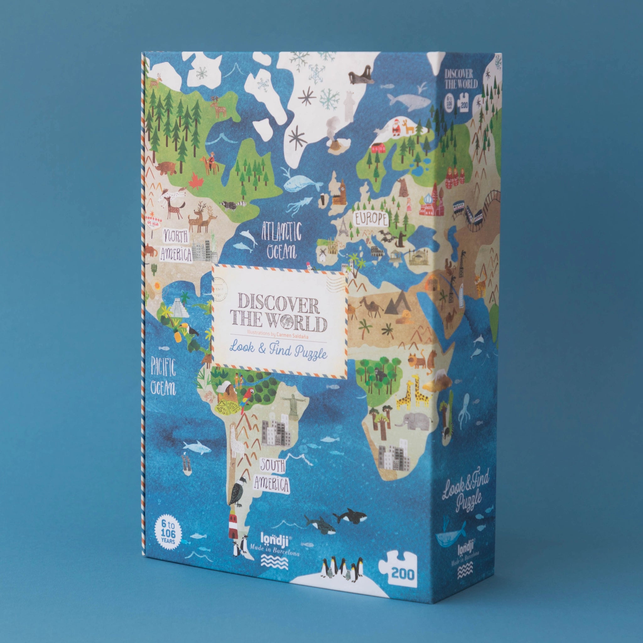 Puzzle: Entdecke die Welt – Eine Puzzlebox mit Weltkarte, 200 Teile, inkl. Suchspiel für Wahrzeichen. Aus FSC-Papier und recyceltem Karton, für Kinder ab 6 Jahren, in Spanien gefertigt.