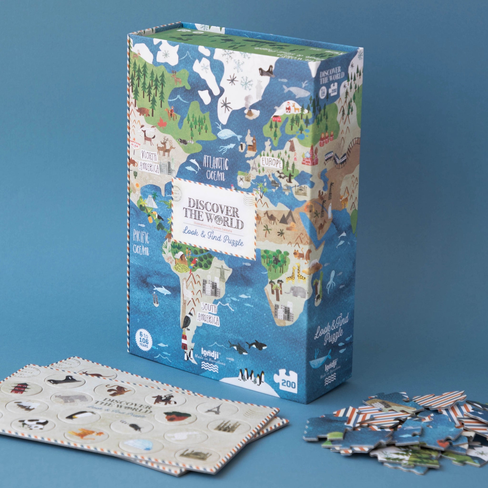 Puzzle: Discover the world in einer Box mit Weltkarte und 200 Teilen. Enthält Suchspiel für berühmte Wahrzeichen. Für Kinder ab 6 Jahren, nachhaltig hergestellt in Spanien.