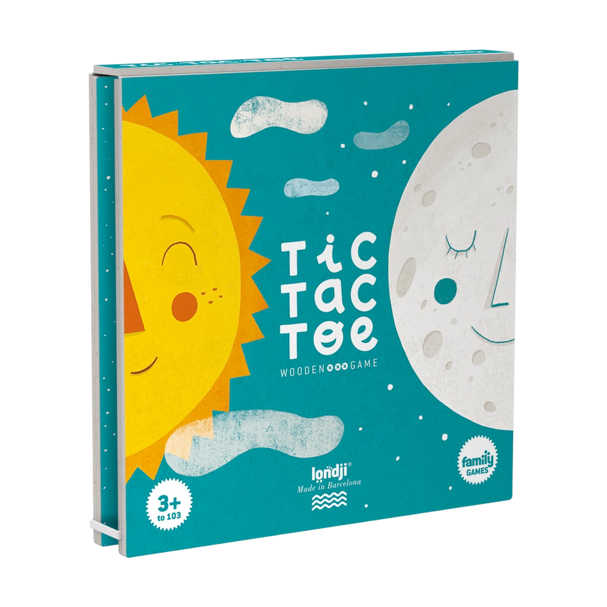 Strategiespiel: Tic Tac Toe - Sun and Moon aus Buchenholz zeigt stilisierte Sonne und Mond auf dem Spielfeld, ideal für Kinder ab 4 Jahren zur Förderung von logischem Denken und Konzentration.