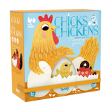 Memory: Chicks & Chickens Spielbox mit farbenfrohen Illustrationen von Hennen und Küken, ideal für Kinder ab 3 Jahren, fördert Gedächtnis und Konzentration, nachhaltig in Spanien hergestellt.