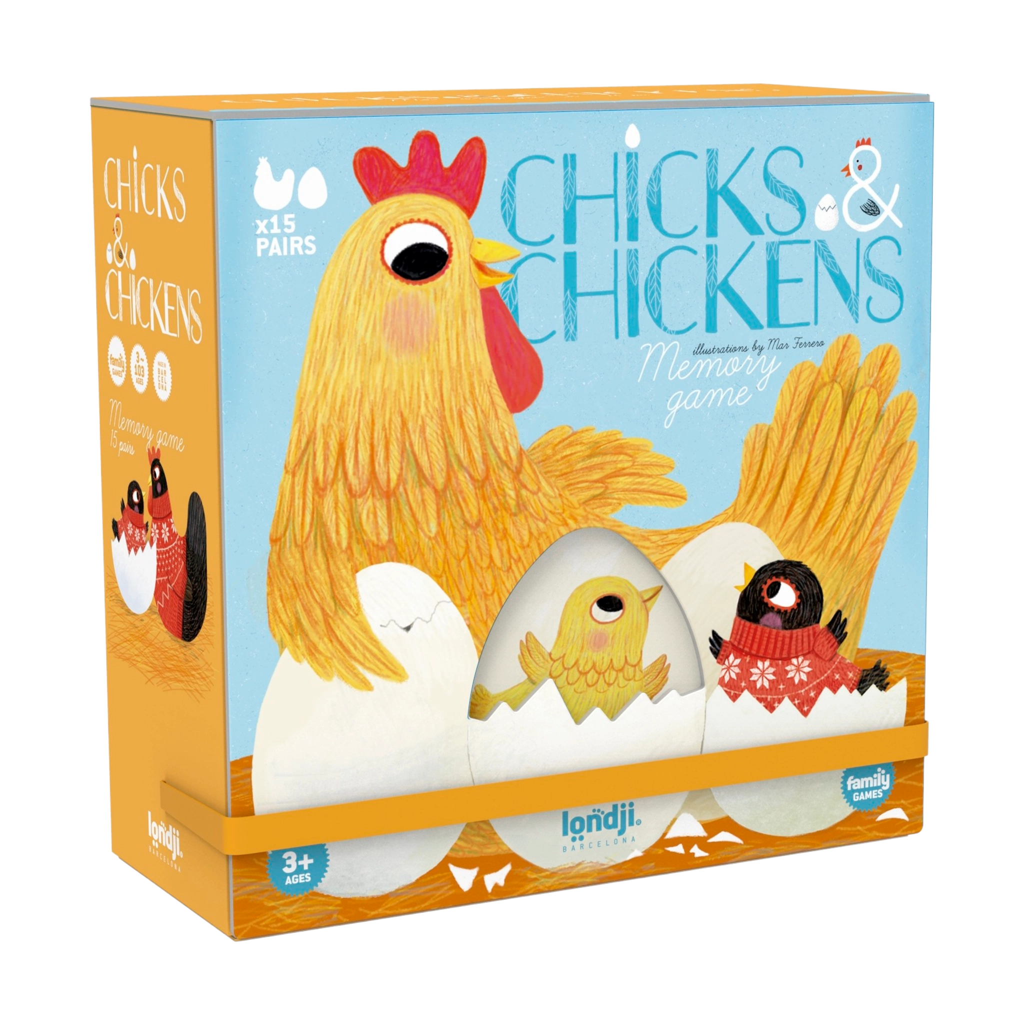 Memory: Chicks & Chickens Spielbox mit farbenfrohen Illustrationen von Hennen und Küken, ideal für Kinder ab 3 Jahren, fördert Gedächtnis und Konzentration, nachhaltig in Spanien hergestellt.