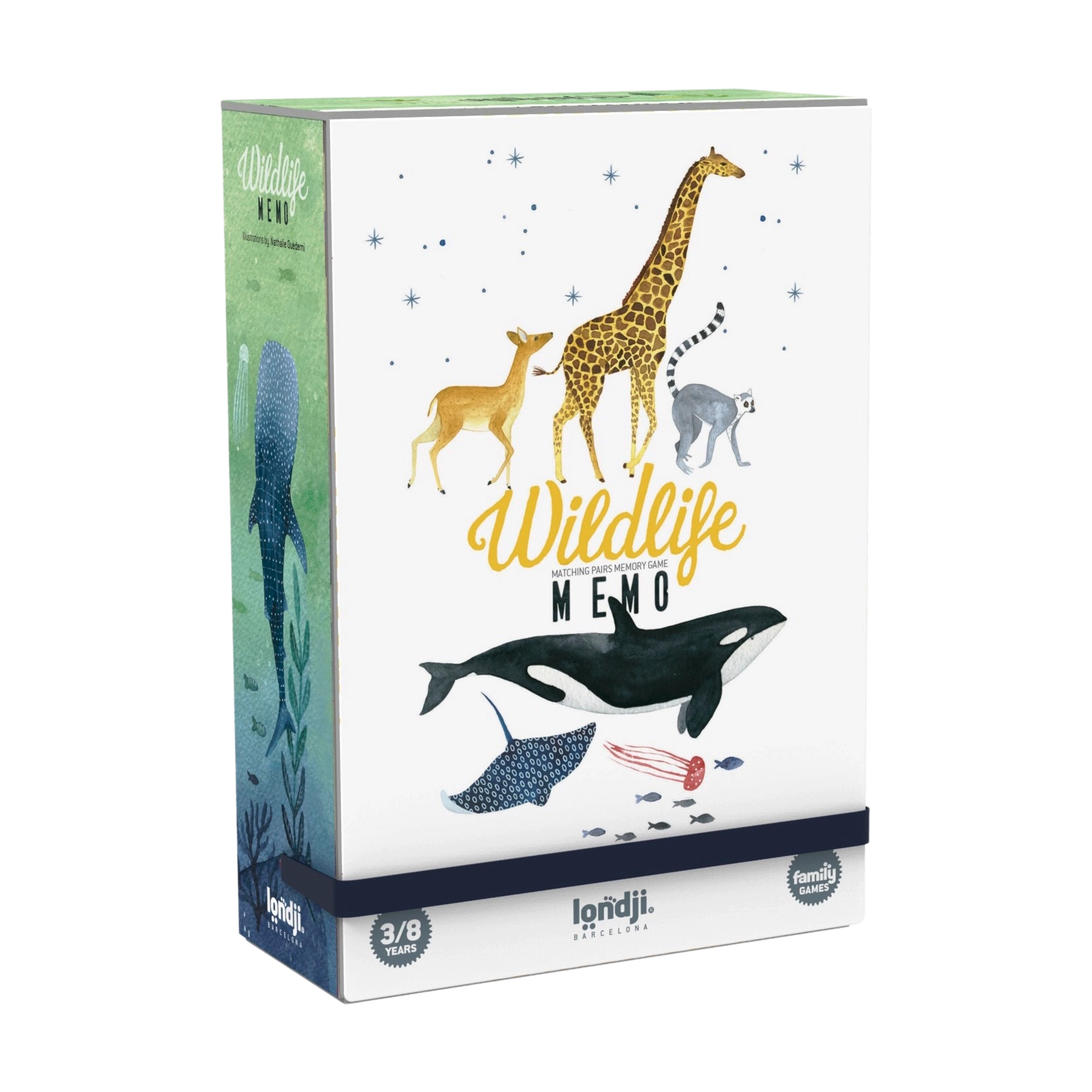 Memory: Wildlife - Verpackung eines Kinder-Memory-Spiels mit 32 liebevoll illustrierten Tierkarten in Aquarelloptik, geeignet für Kinder von 3 bis 8 Jahren. Nachhaltig produziert aus FSC-Papier und recyceltem Karton.