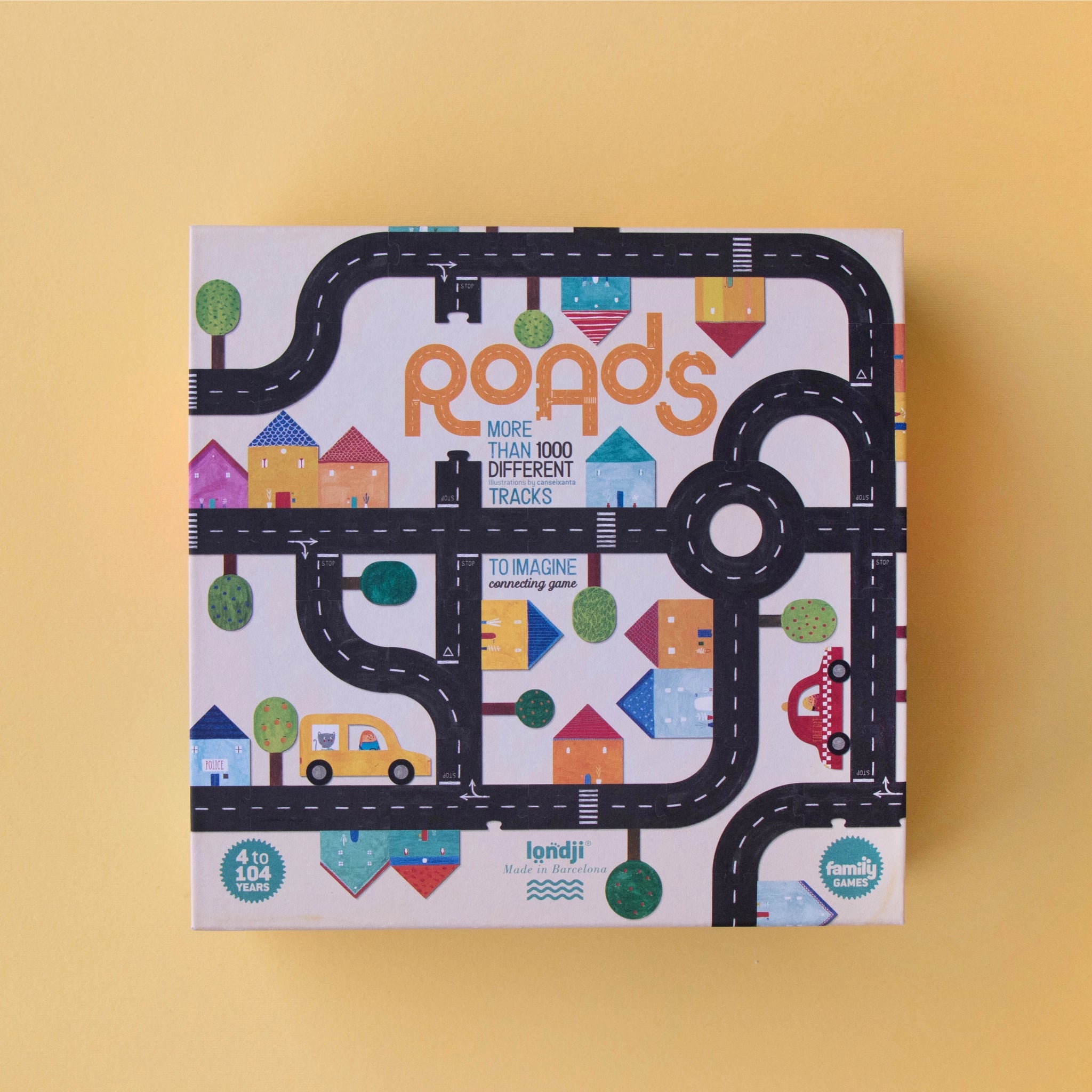 Gesellschaftsspiel: Roads – Eine Box mit einer Karte und einem Spielfeld mit Straßen und Autos, ideal für Familien- oder Solospiel, gefertigt aus FSC-Papier und recyceltem Karton in Spanien.