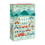 Puzzle & Suchspiel: Beep Beep zeigt eine Box mit cartoonartigen Autos, Bergen und Tieren, ideal für Kinder ab 3 Jahren. Es fördert Beobachtungsgabe und Konzentration, hergestellt aus nachhaltigen Materialien.