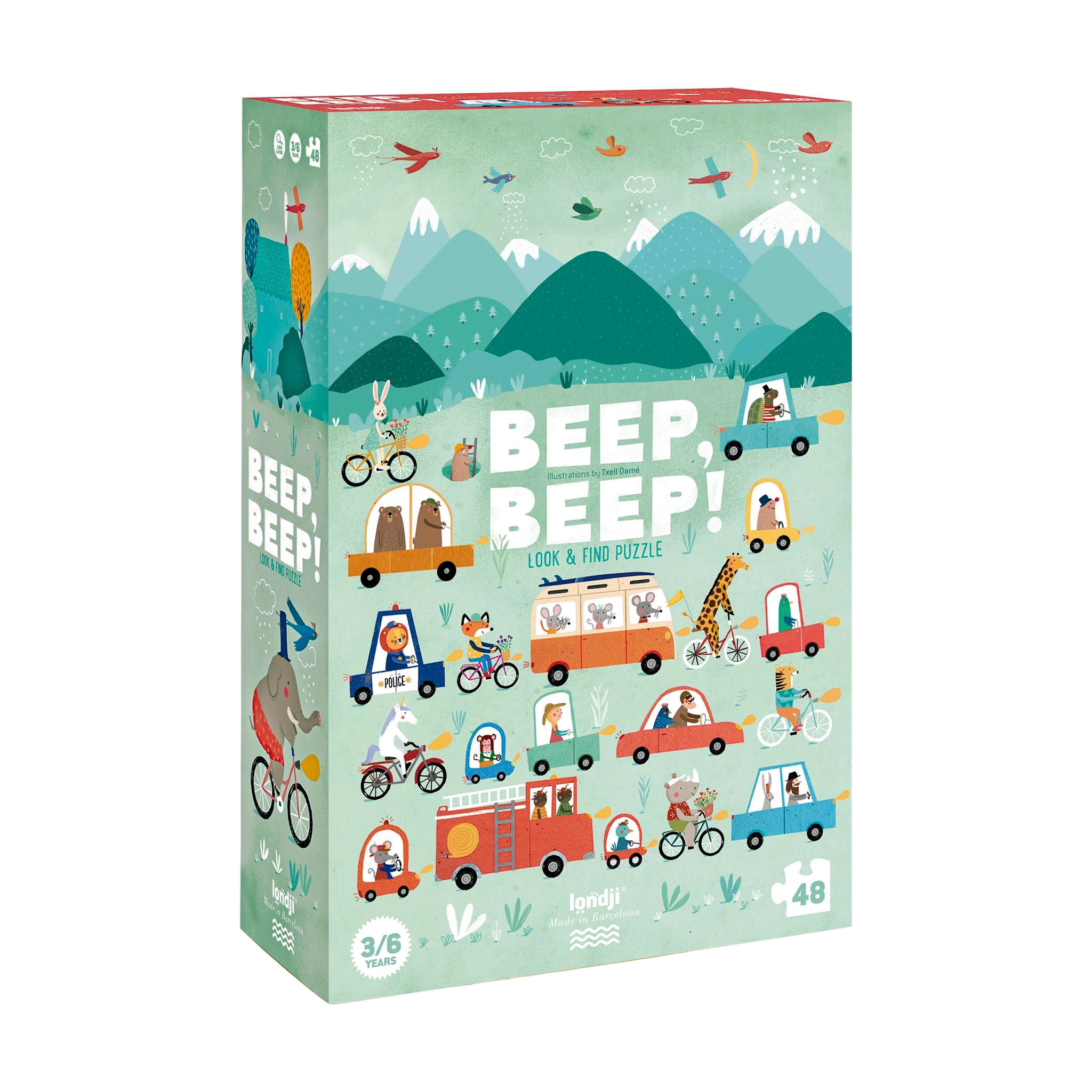 Puzzle & Suchspiel: Beep Beep zeigt eine Box mit cartoonartigen Autos, Bergen und Tieren, ideal für Kinder ab 3 Jahren. Es fördert Beobachtungsgabe und Konzentration, hergestellt aus nachhaltigen Materialien.